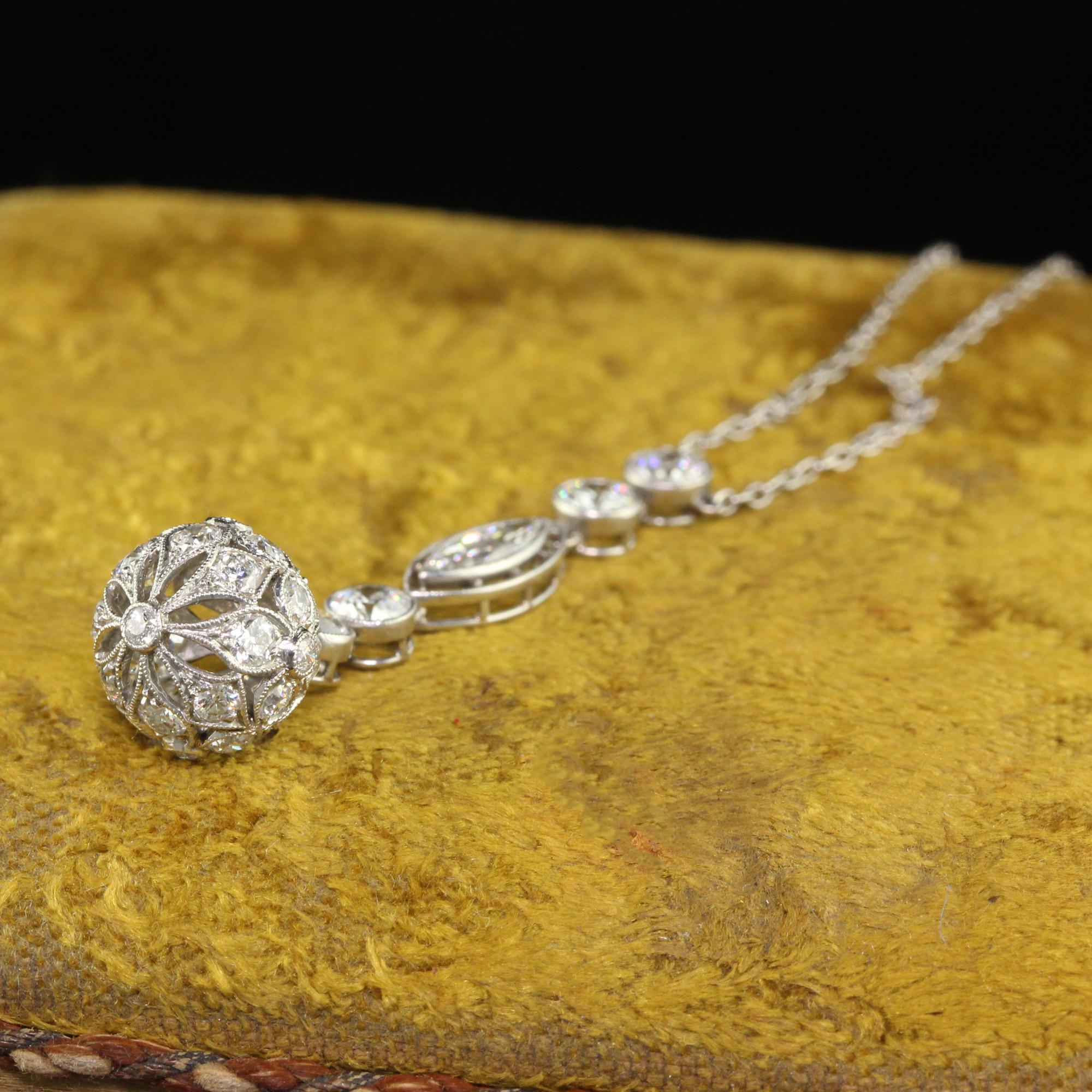 Antique Edwardian Platinum Old Euro Diamond Drop Pendant Necklace 1