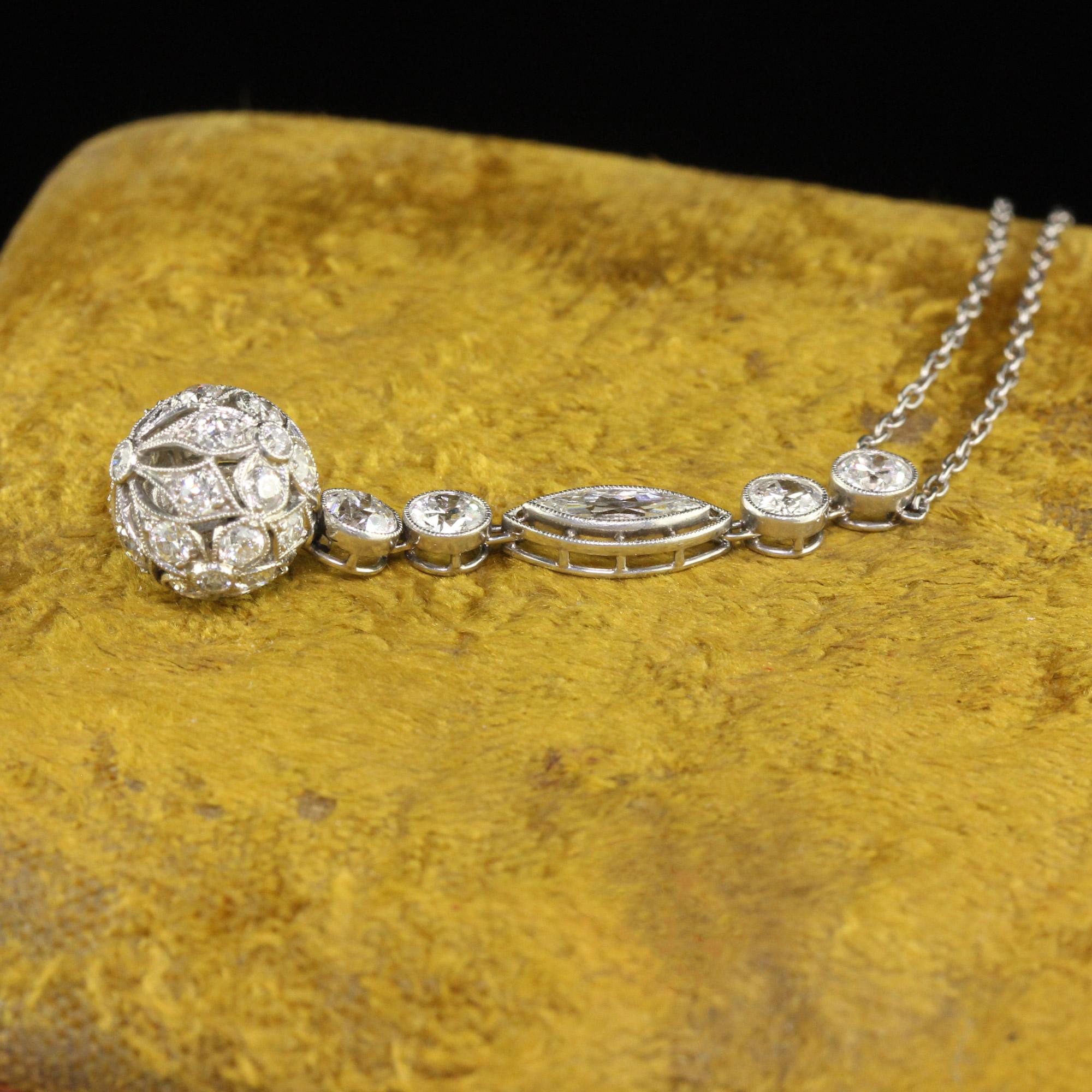 Antique Edwardian Platinum Old Euro Diamond Drop Pendant Necklace 2