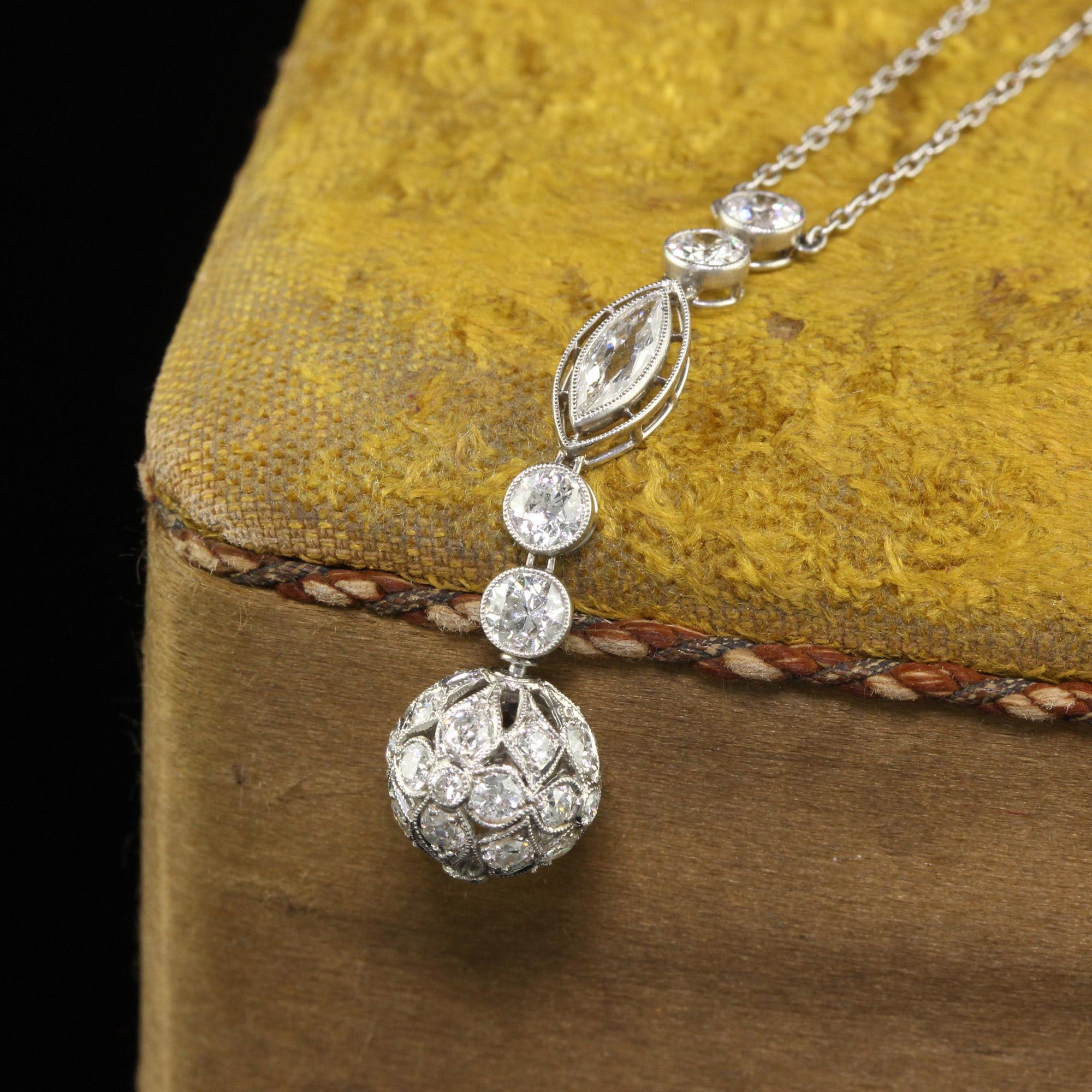 Antique Edwardian Platinum Old Euro Diamond Drop Pendant Necklace 3