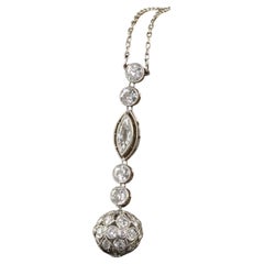 Antique Edwardian Platinum Old Euro Diamond Drop Pendant Necklace