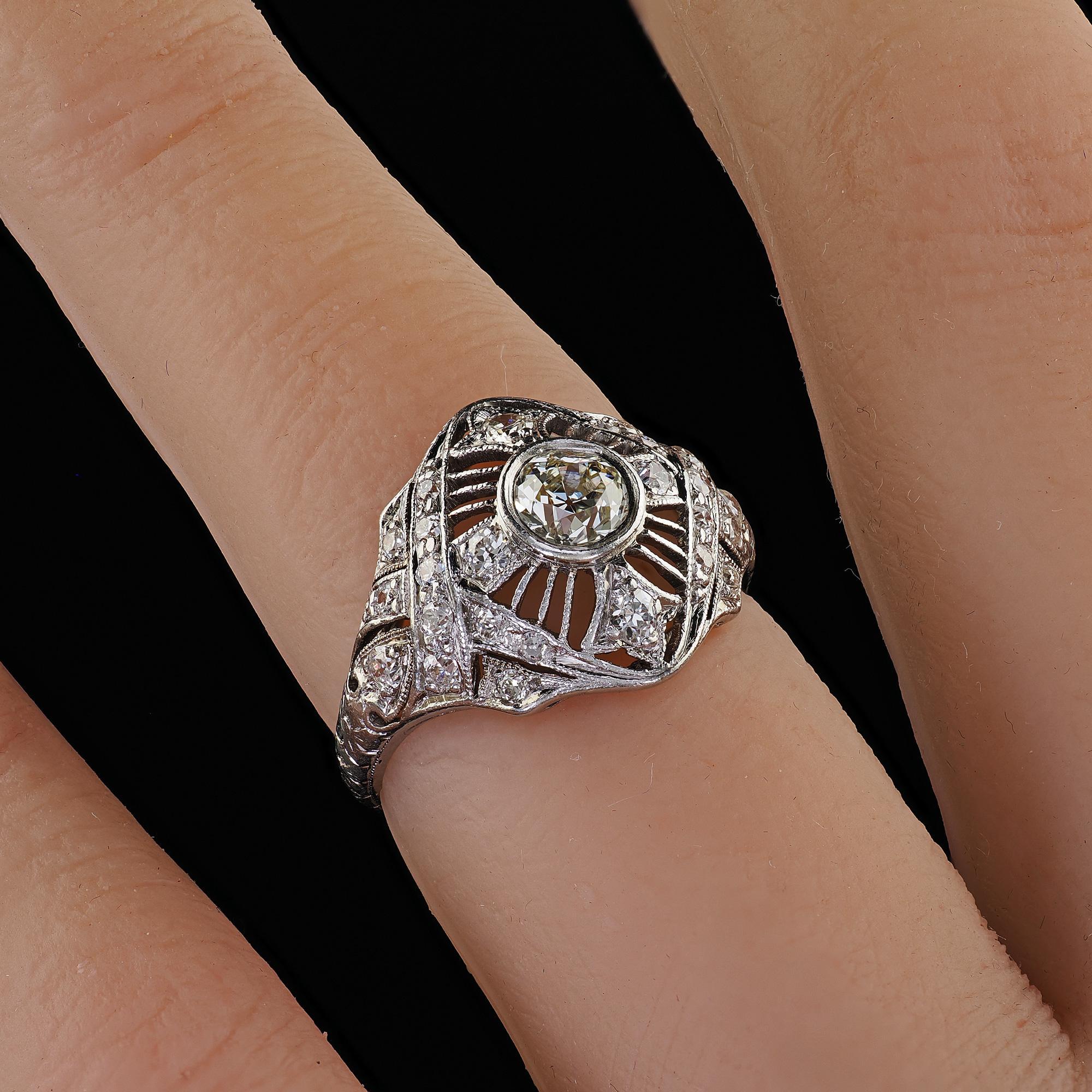 Antique Edwardian Platinum Old Euro Diamond Filigree Engagement Ring For Sale 5