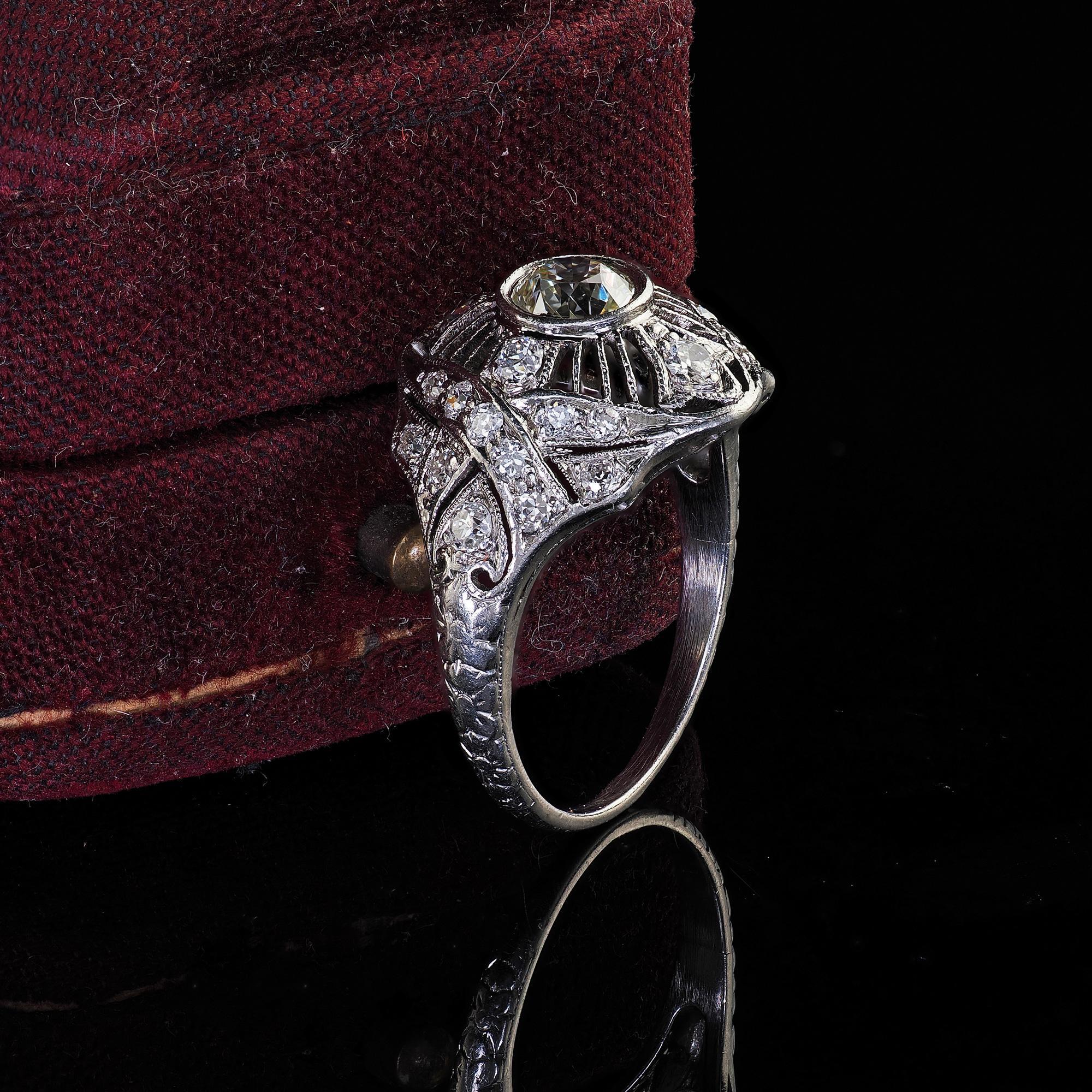 Old European Cut Antique Edwardian Platinum Old Euro Diamond Filigree Engagement Ring For Sale