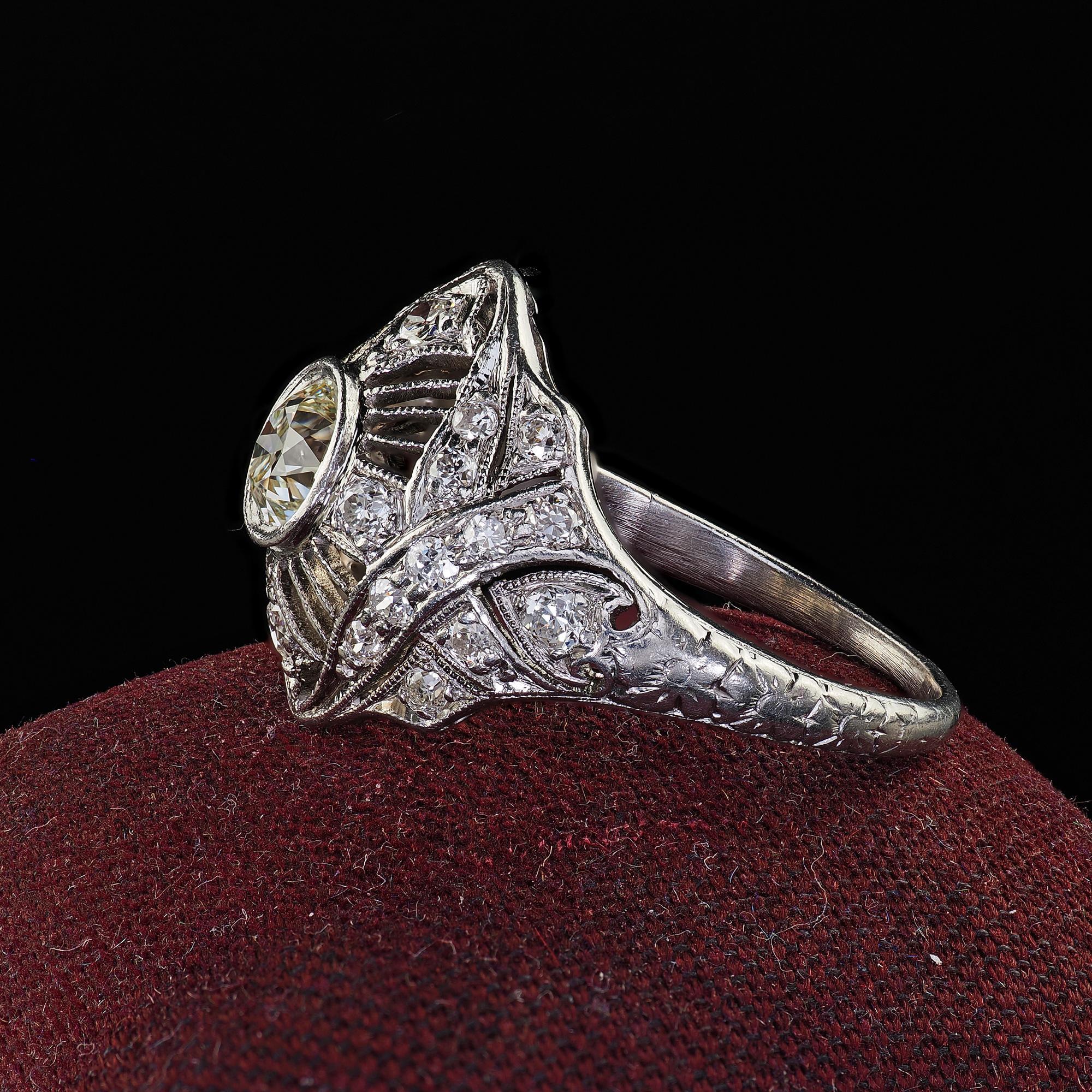 Women's Antique Edwardian Platinum Old Euro Diamond Filigree Engagement Ring For Sale