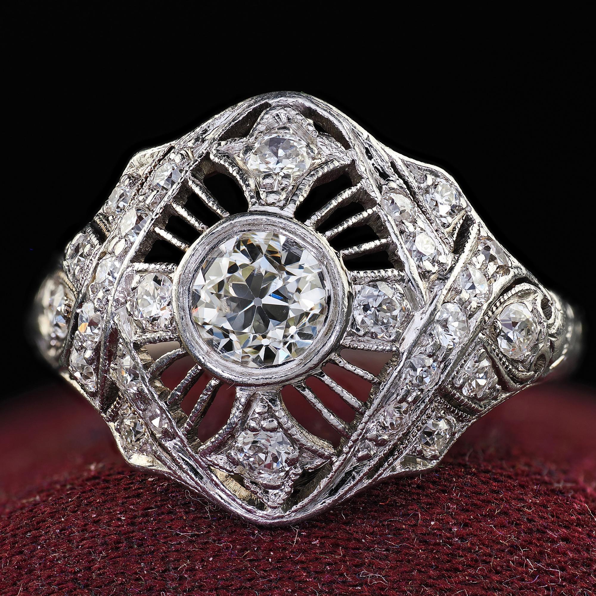 Antique Edwardian Platinum Old Euro Diamond Filigree Engagement Ring For Sale 1