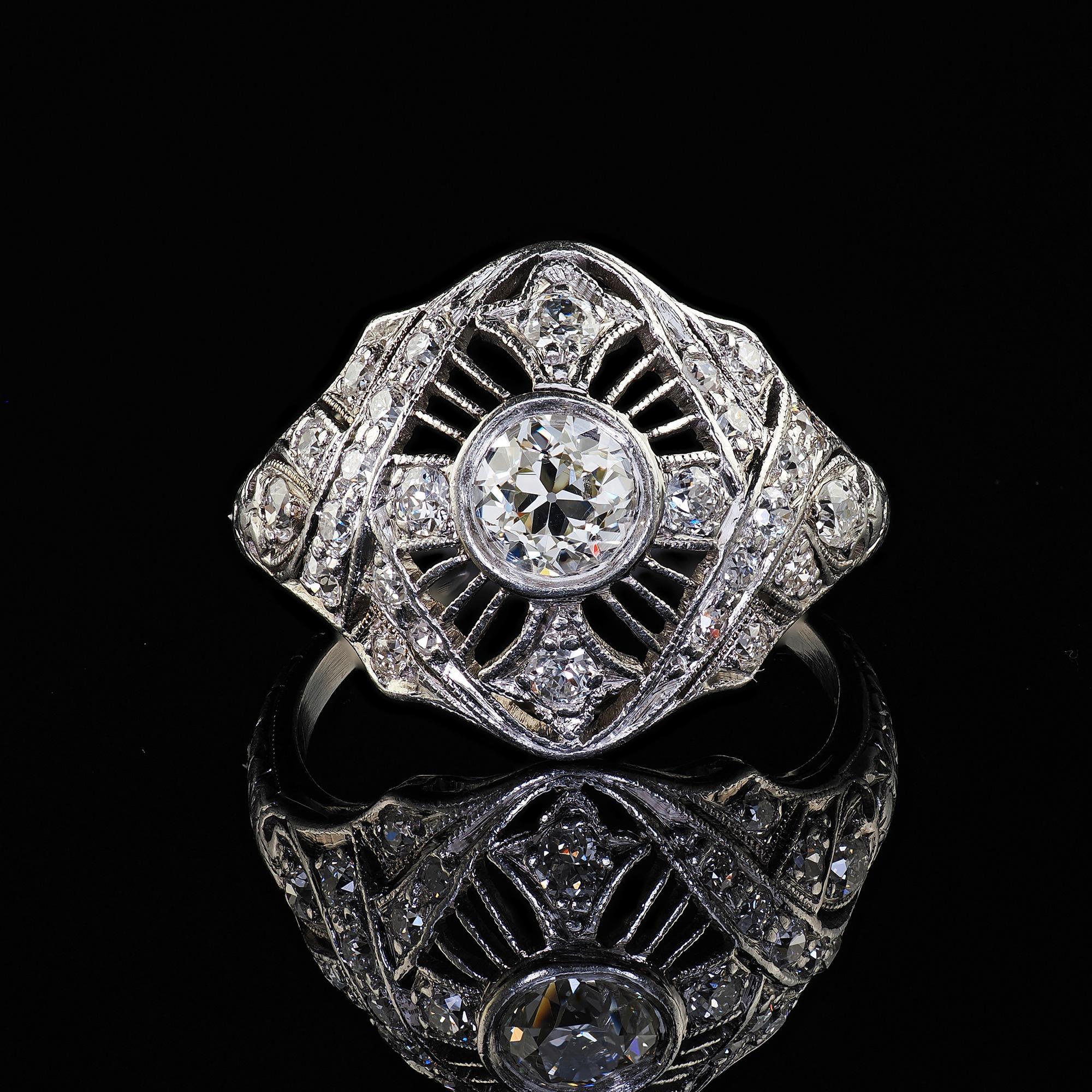 Antique Edwardian Platinum Old Euro Diamond Filigree Engagement Ring For Sale 2