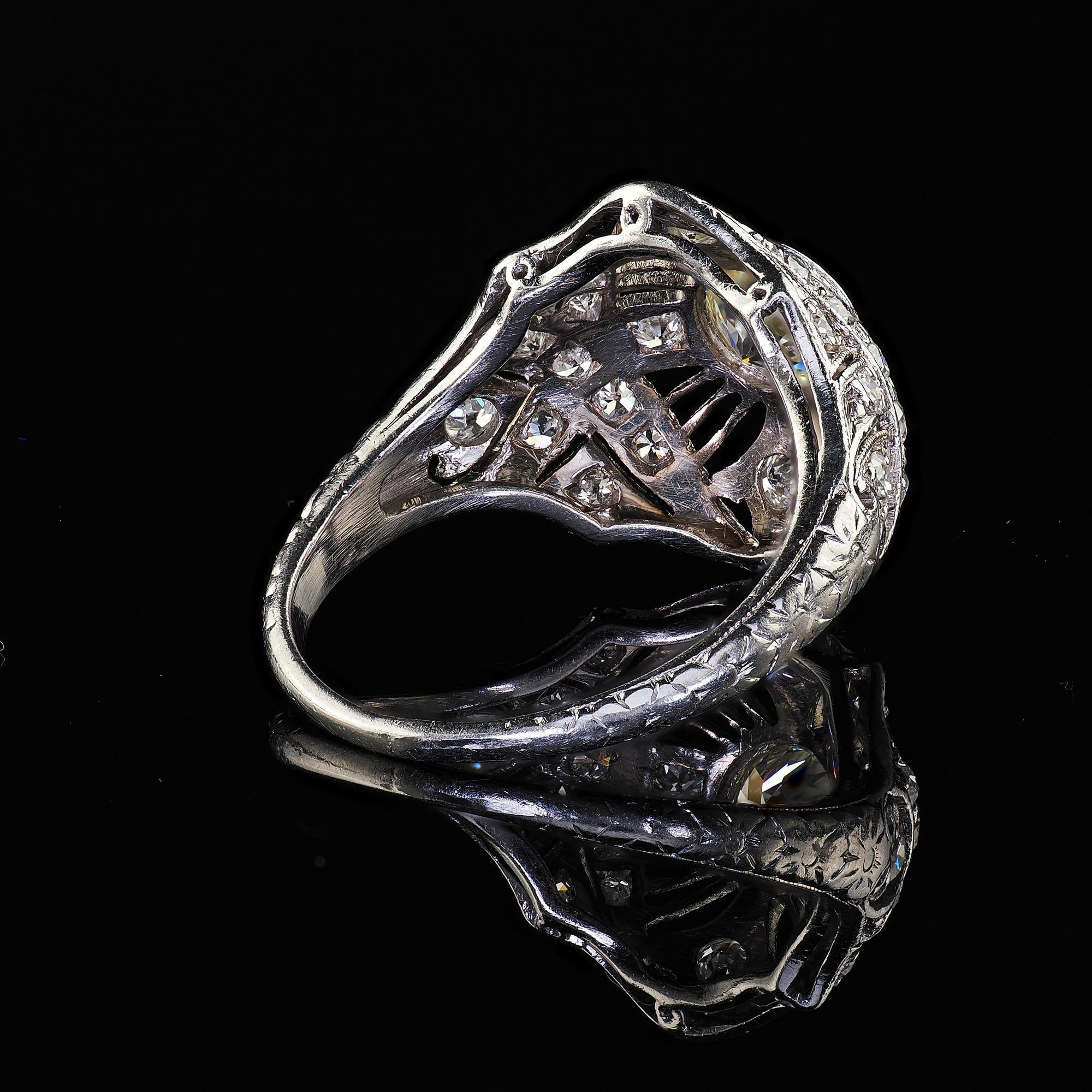 Antique Edwardian Platinum Old Euro Diamond Filigree Engagement Ring For Sale 3