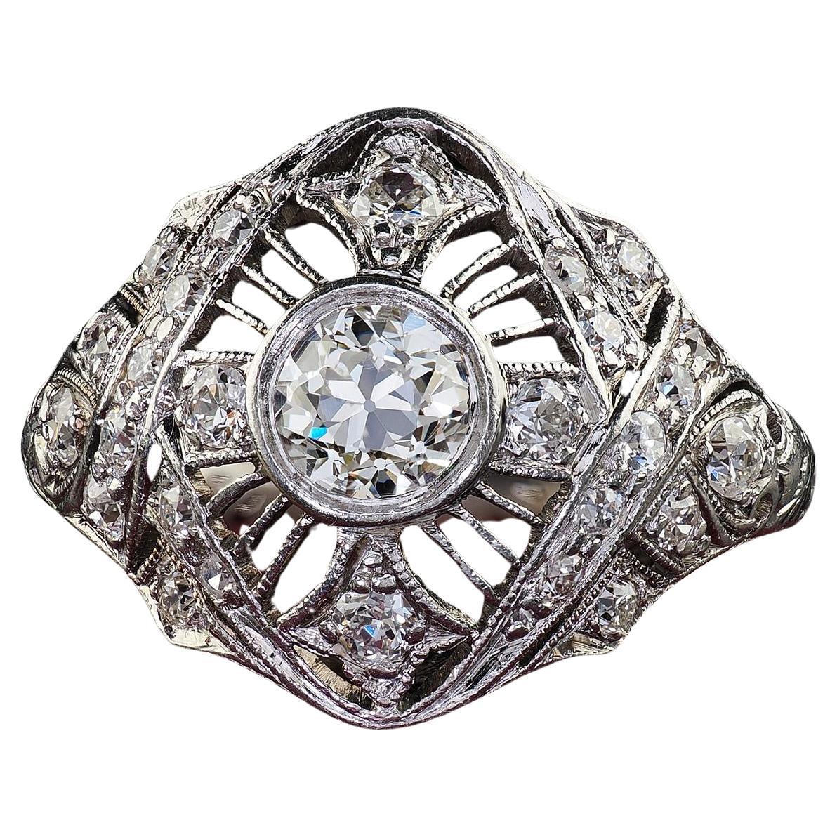 Antique Edwardian Platinum Old Euro Diamond Filigree Engagement Ring