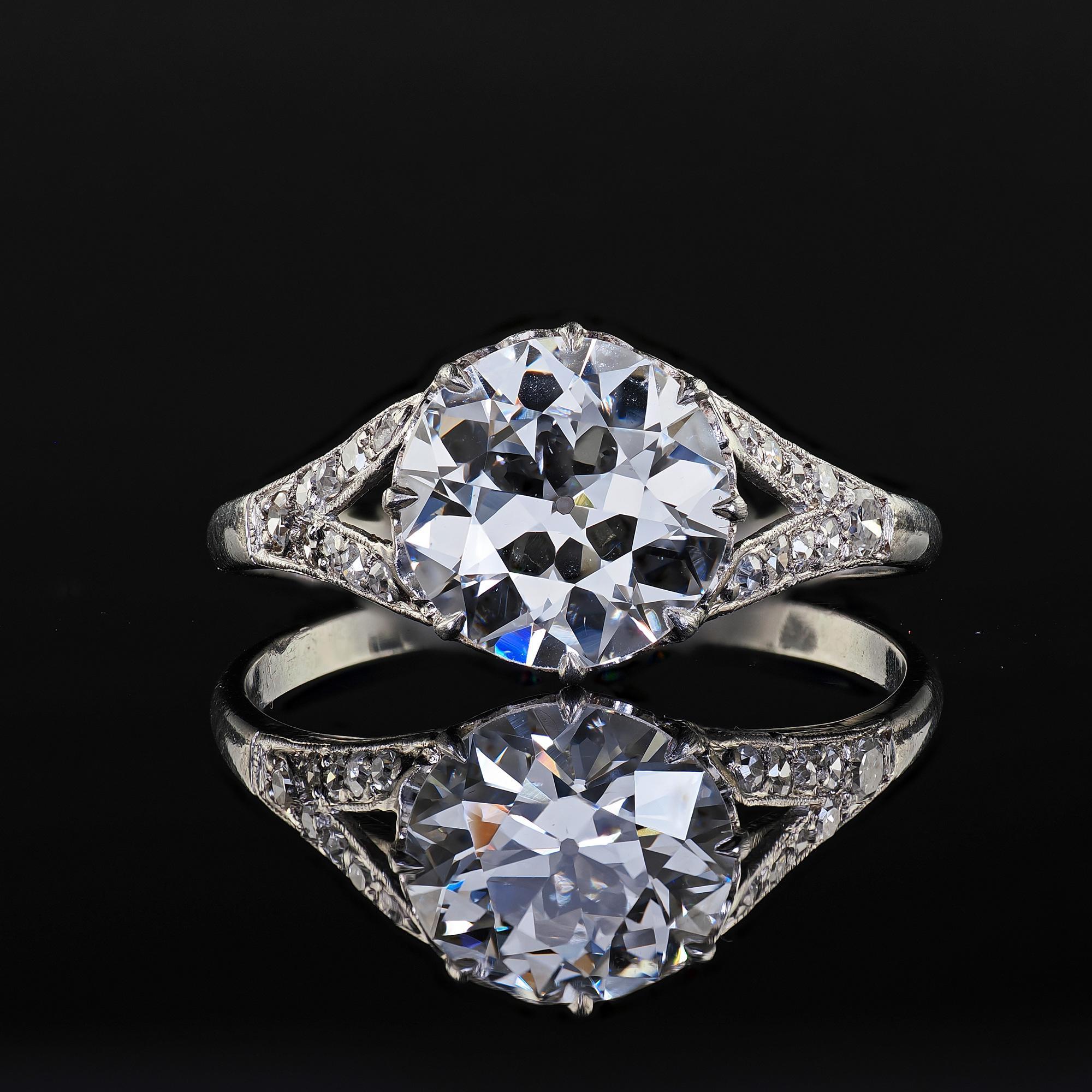Antique Edwardian Platinum Old Euro Diamond Low Profile Engagement Ring - GIA For Sale 5