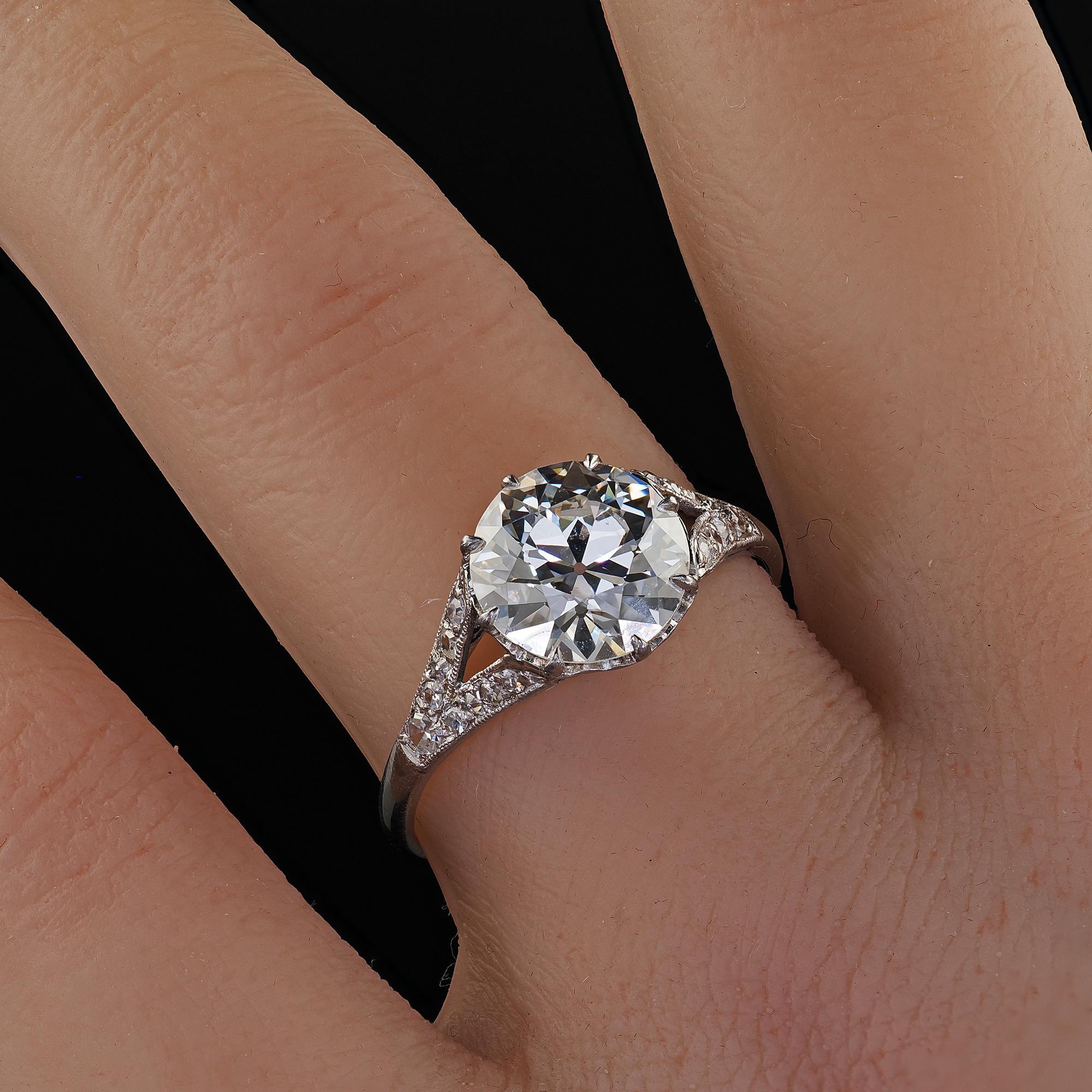 Antique Edwardian Platinum Old Euro Diamond Low Profile Engagement Ring - GIA For Sale 8