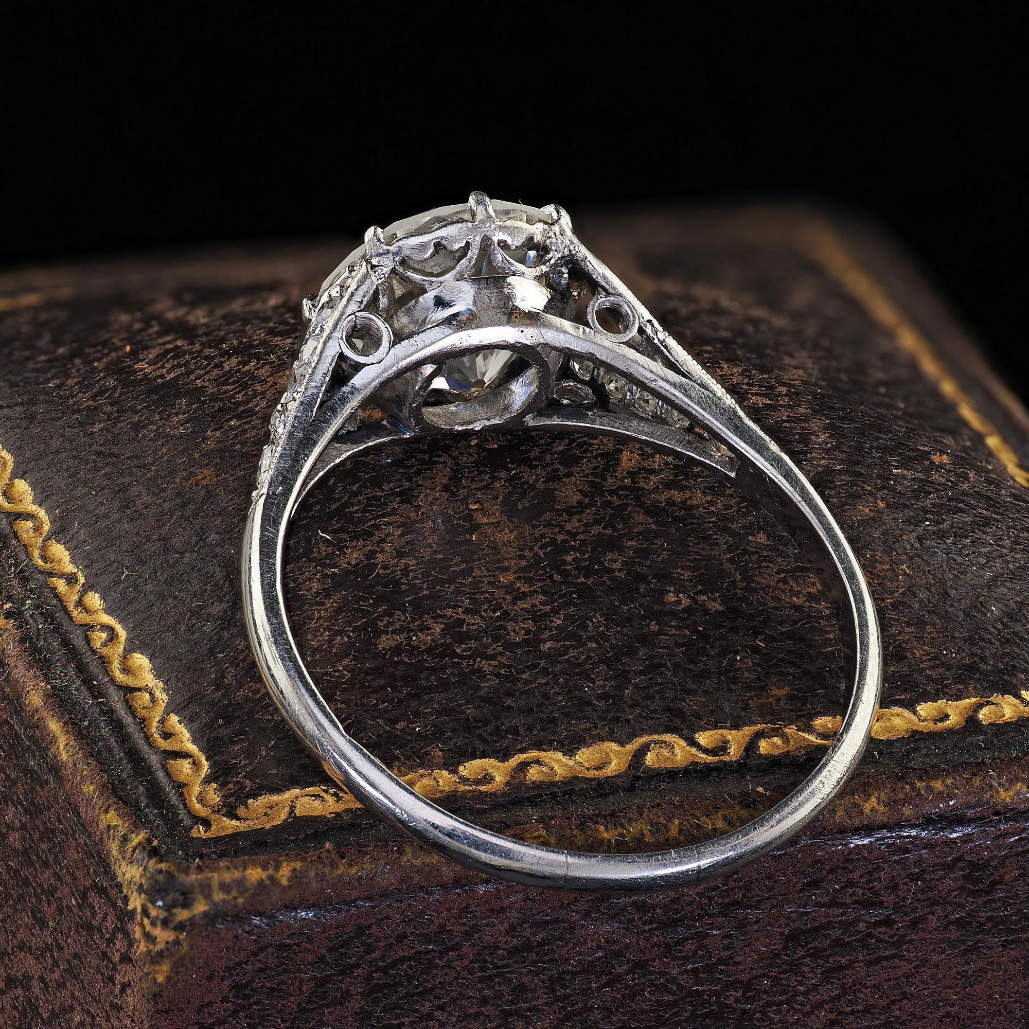 Antique Edwardian Platinum Old Euro Diamond Low Profile Engagement Ring - GIA For Sale 1