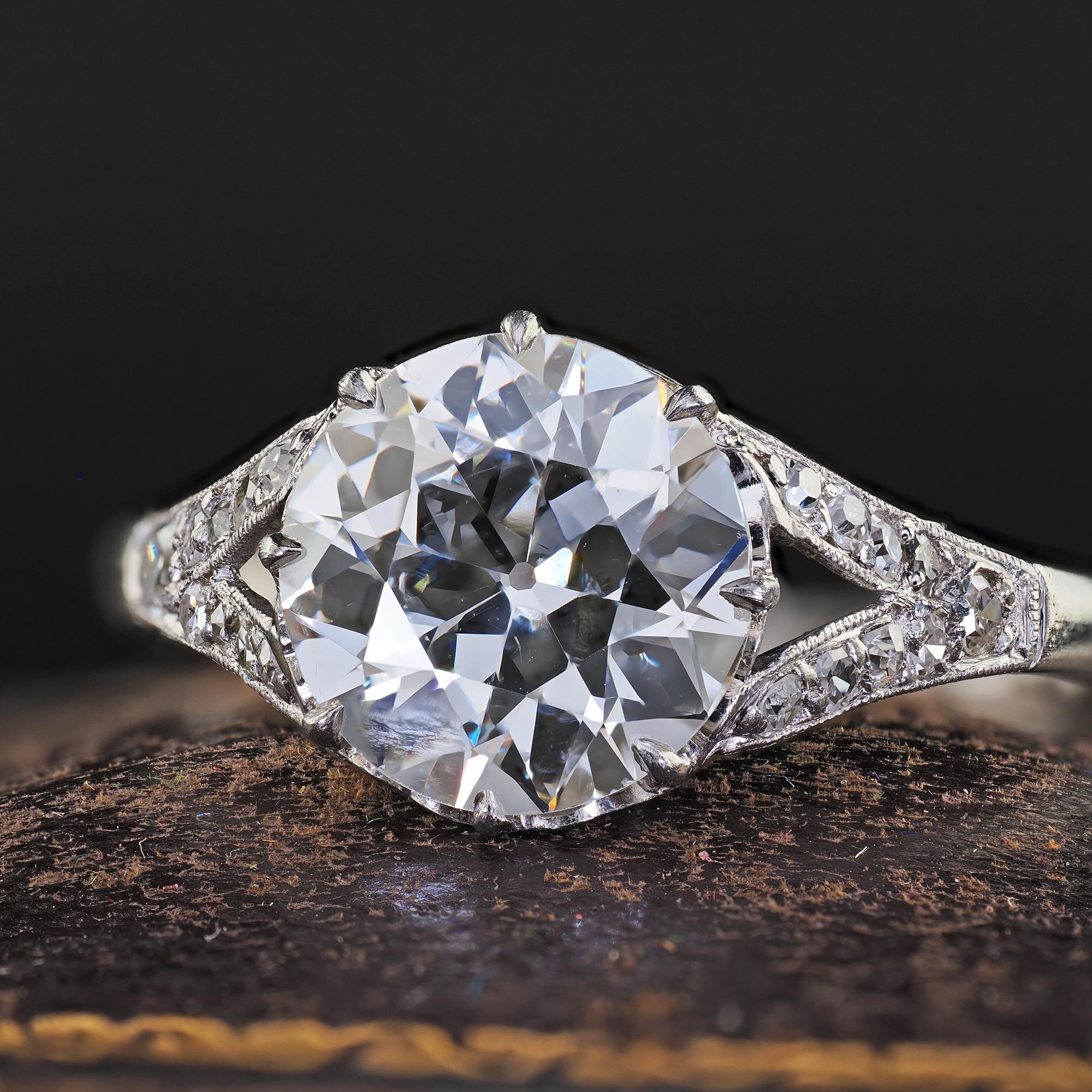 Antique Edwardian Platinum Old Euro Diamond Low Profile Engagement Ring - GIA For Sale 2