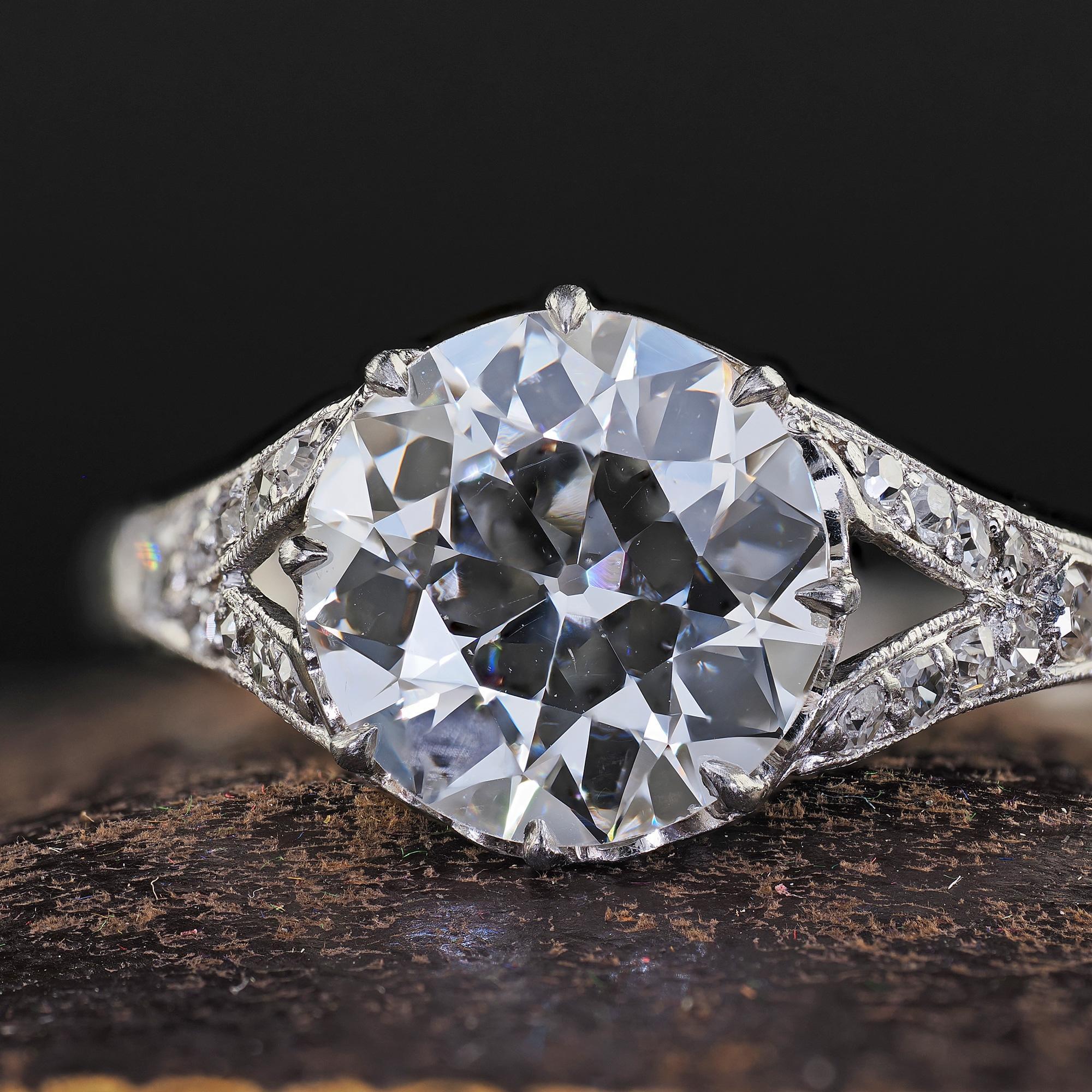 Antique Edwardian Platinum Old Euro Diamond Low Profile Engagement Ring - GIA For Sale 3
