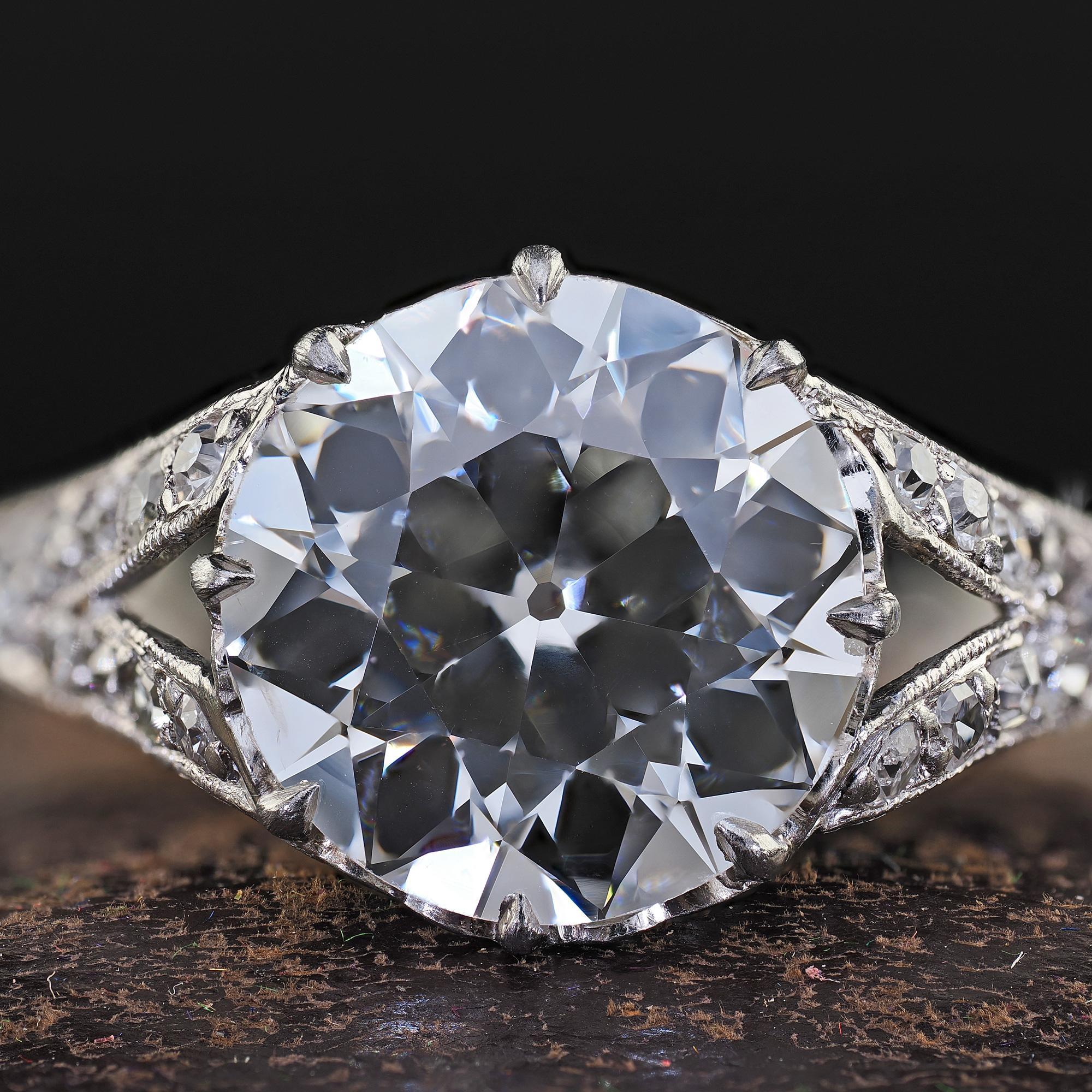 Antique Edwardian Platinum Old Euro Diamond Low Profile Engagement Ring - GIA For Sale 4