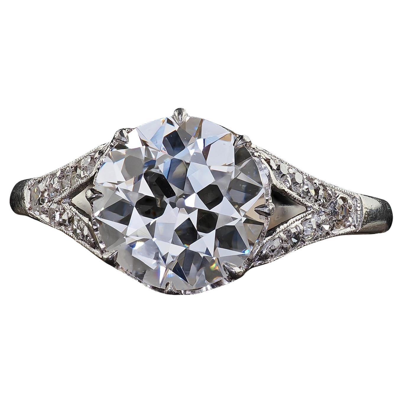 Antique Edwardian Platinum Old Euro Diamond Low Profile Engagement Ring - GIA