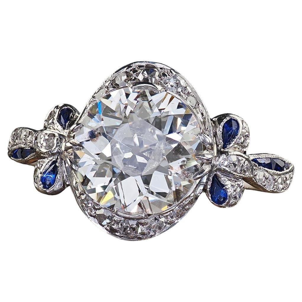 Antique Edwardian Platinum Old Euro Diamond Sapphire Engagement Ring - GIA in vendita
