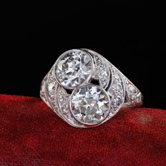 Antique Edwardian Platinum Old Euro Diamond Toi et Moi Engagement Ring - GIA