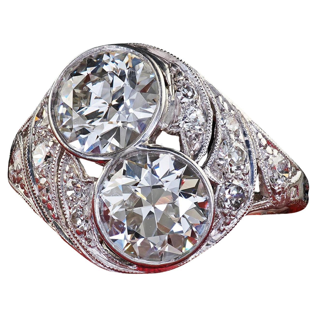 Antique Edwardian Platinum Old Euro Diamond Toi et Moi Engagement Ring - GIA For Sale