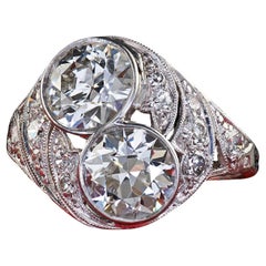 Antique Edwardian Platinum Old Euro Diamond Toi et Moi Engagement Ring - GIA Antique Edwardian Platinum Old Euro Diamond Toi et Moi Engagement Ring - GIA