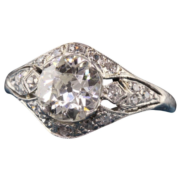 Antique Edwardian Platinum Old European Cut Diamond Engagement Ring For Sale