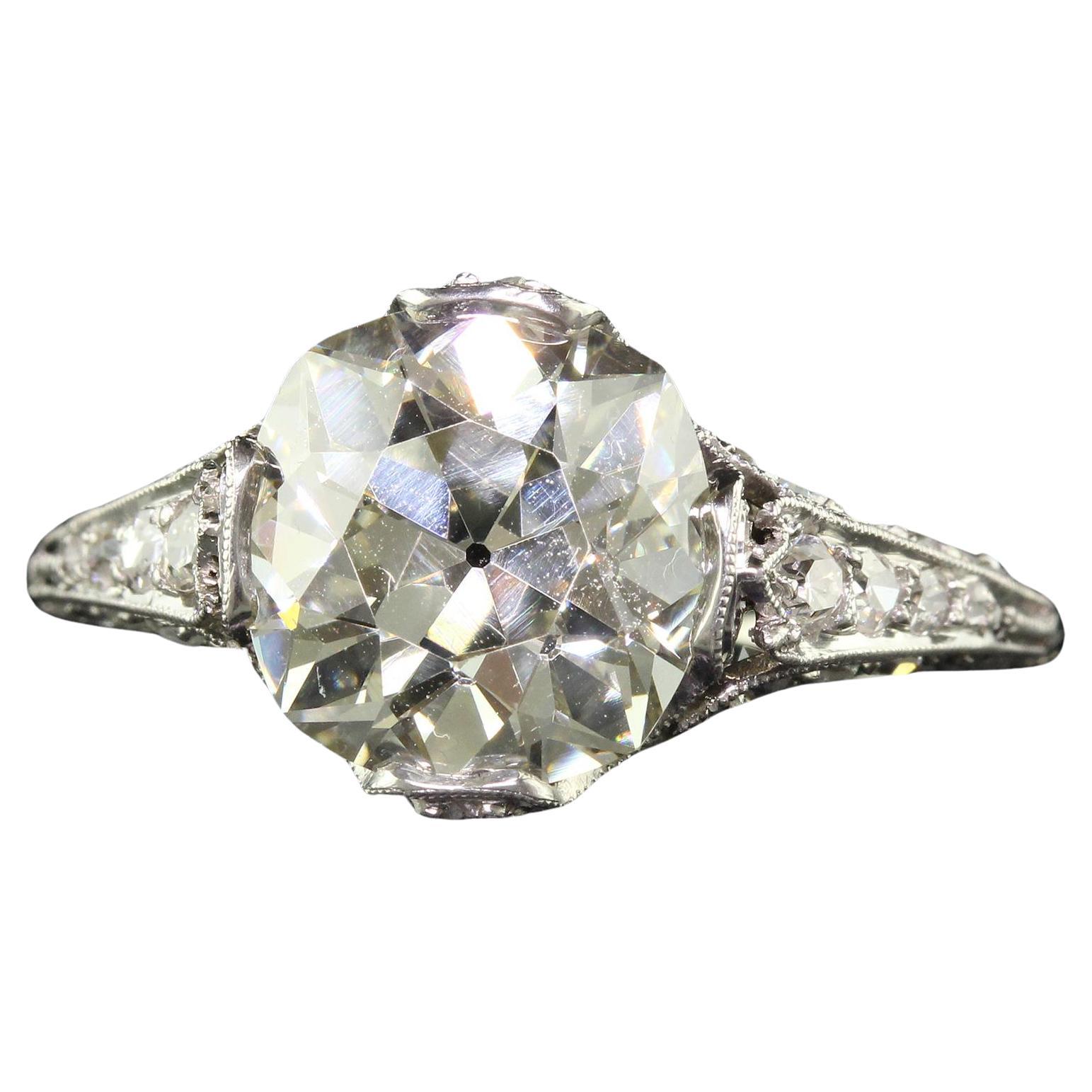 Antique Edwardian Platinum Old European Cut Diamond Engagement Ring - GIA