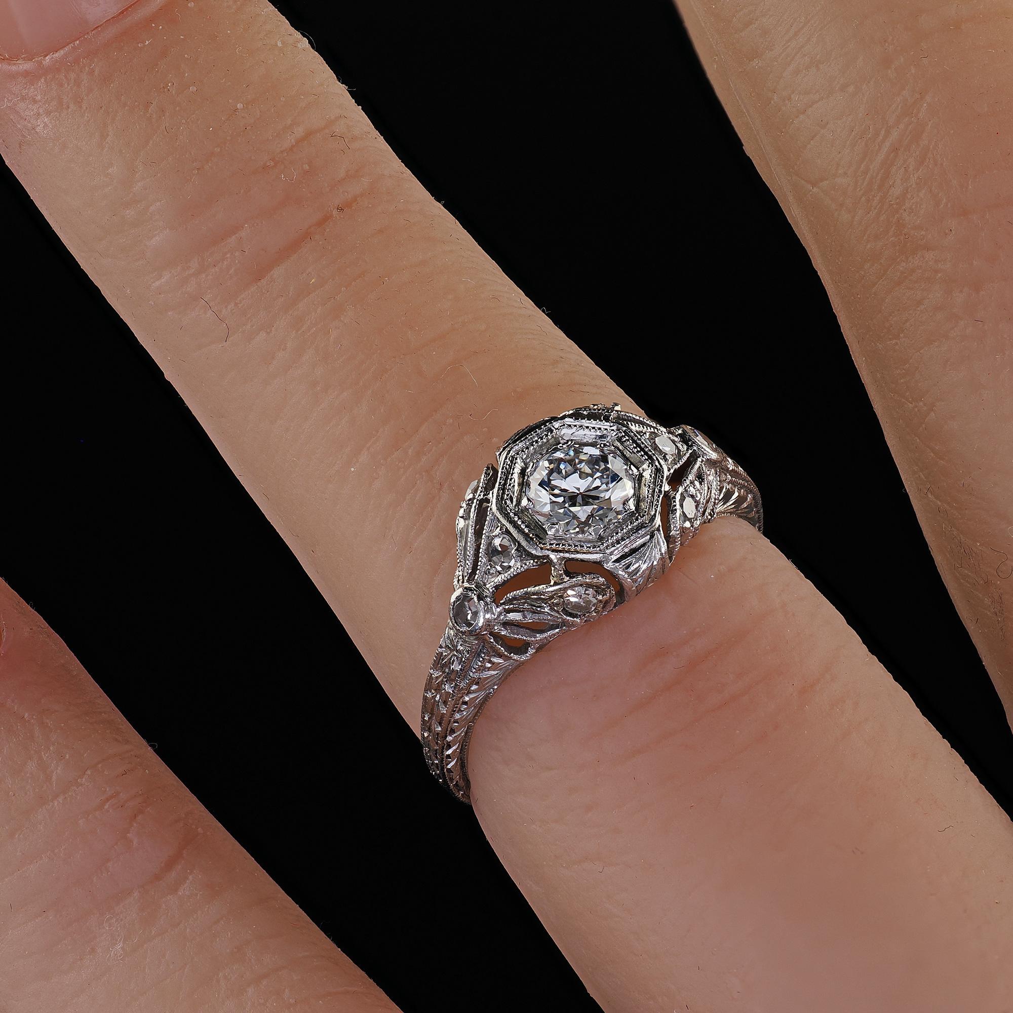 Antique Edwardian Platinum Old European Cut Diamond Filigree Engagement Ring For Sale 6