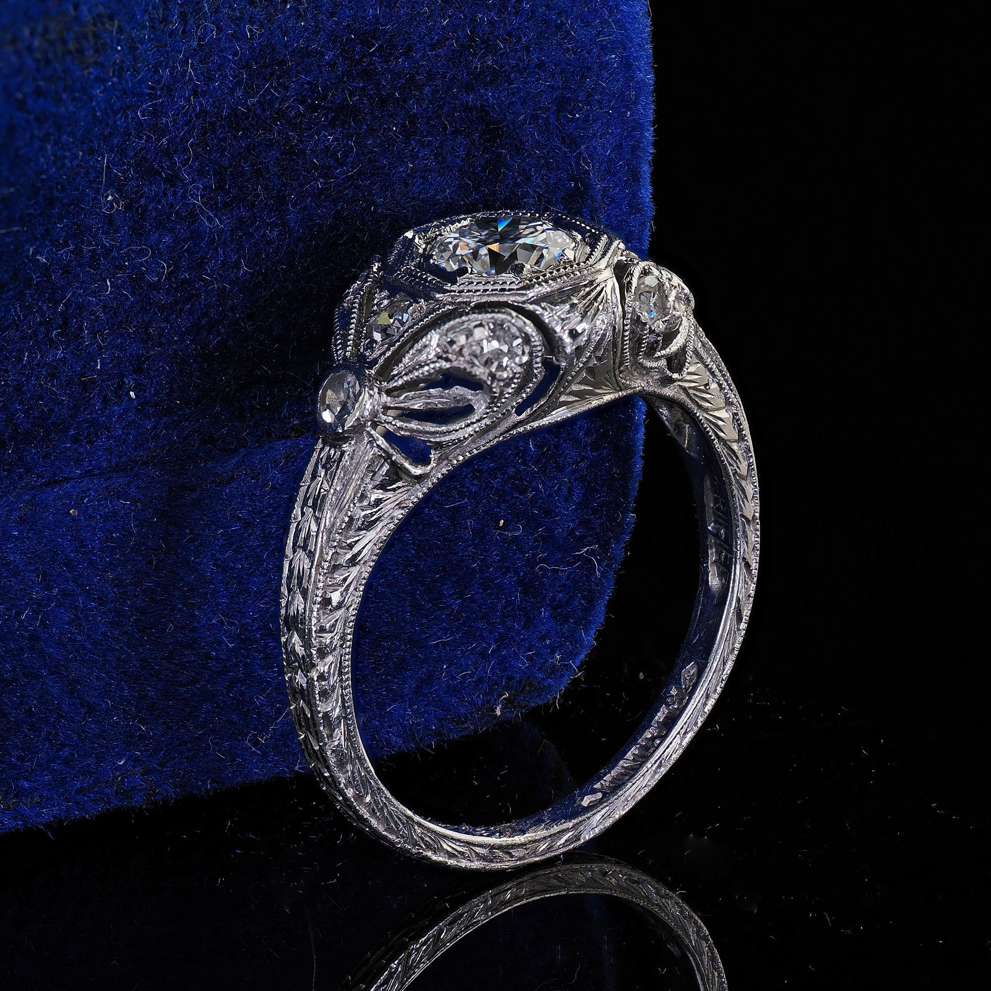 Antique Edwardian Platinum Old European Cut Diamond Filigree Engagement Ring In Good Condition For Sale In Great Neck, NY