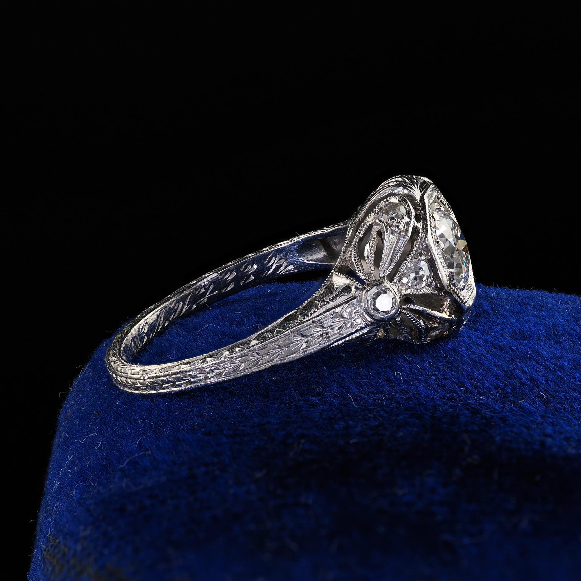 Women's Antique Edwardian Platinum Old European Cut Diamond Filigree Engagement Ring For Sale