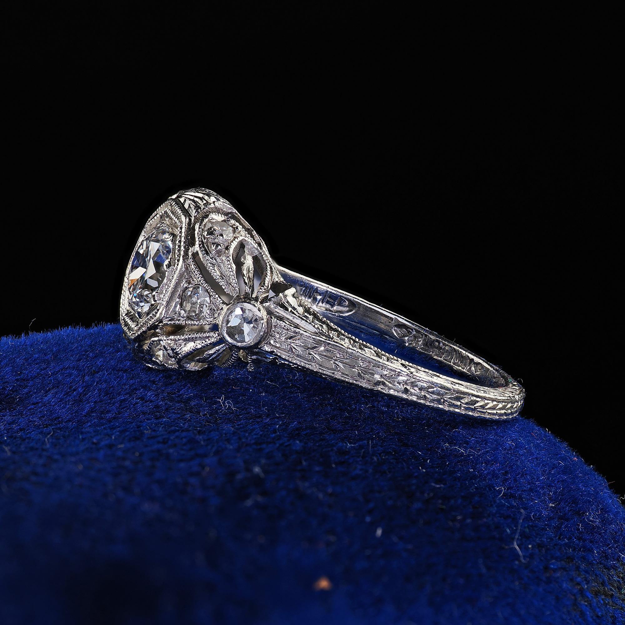 Antique Edwardian Platinum Old European Cut Diamond Filigree Engagement Ring For Sale 1