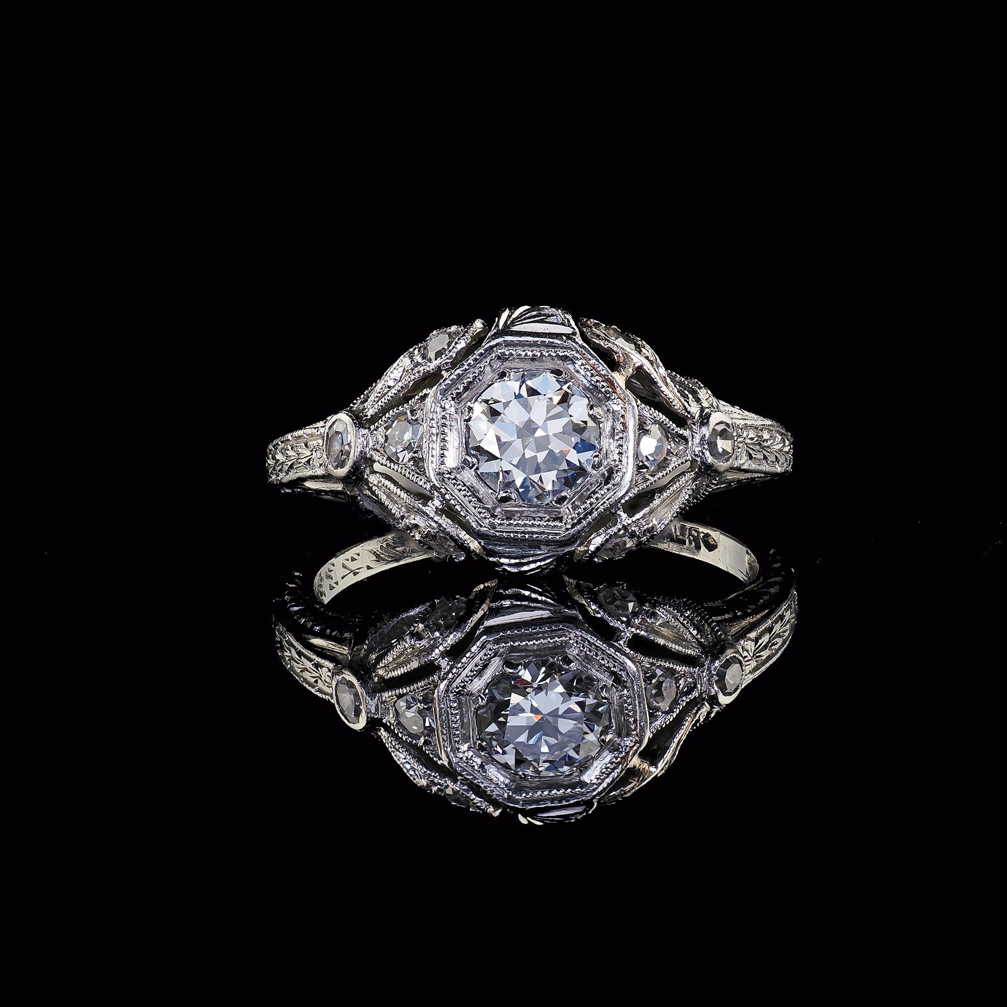 Antique Edwardian Platinum Old European Cut Diamond Filigree Engagement Ring For Sale 3