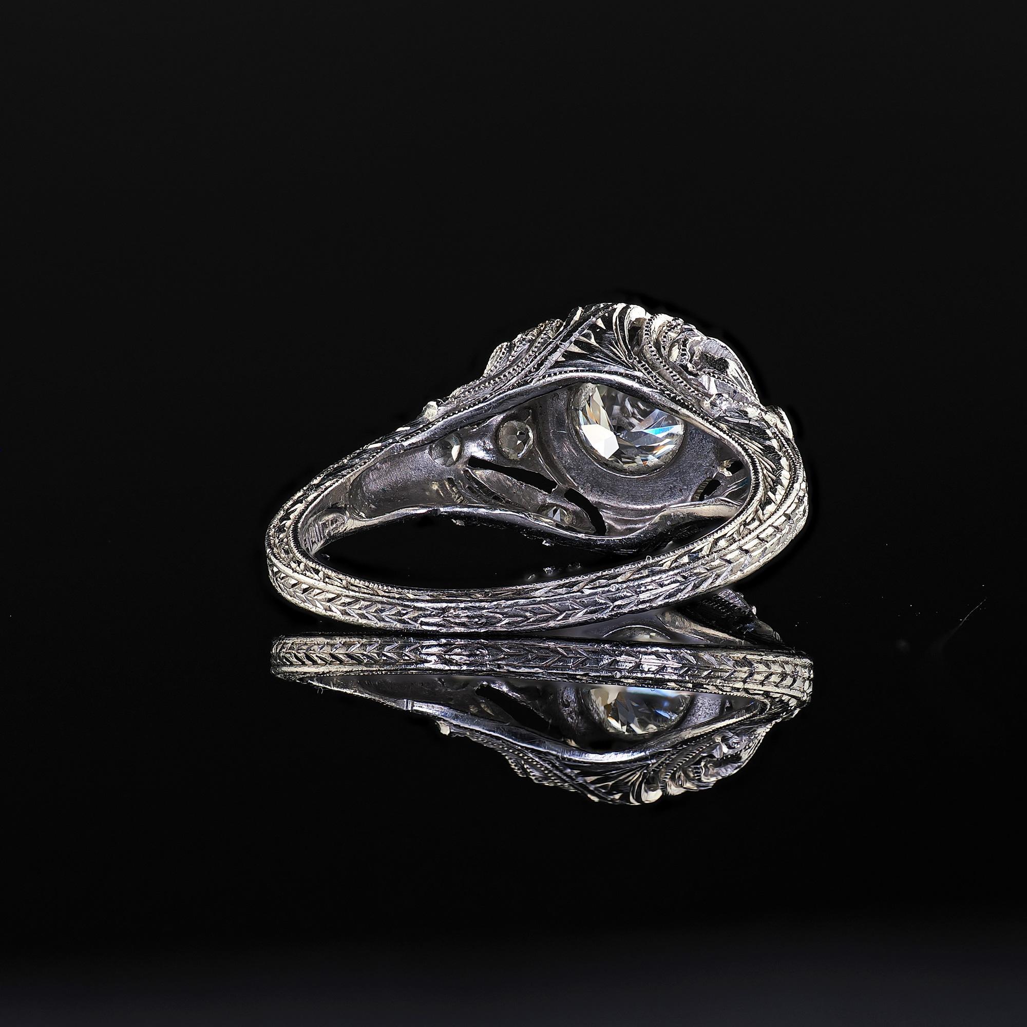 Antique Edwardian Platinum Old European Cut Diamond Filigree Engagement Ring For Sale 4