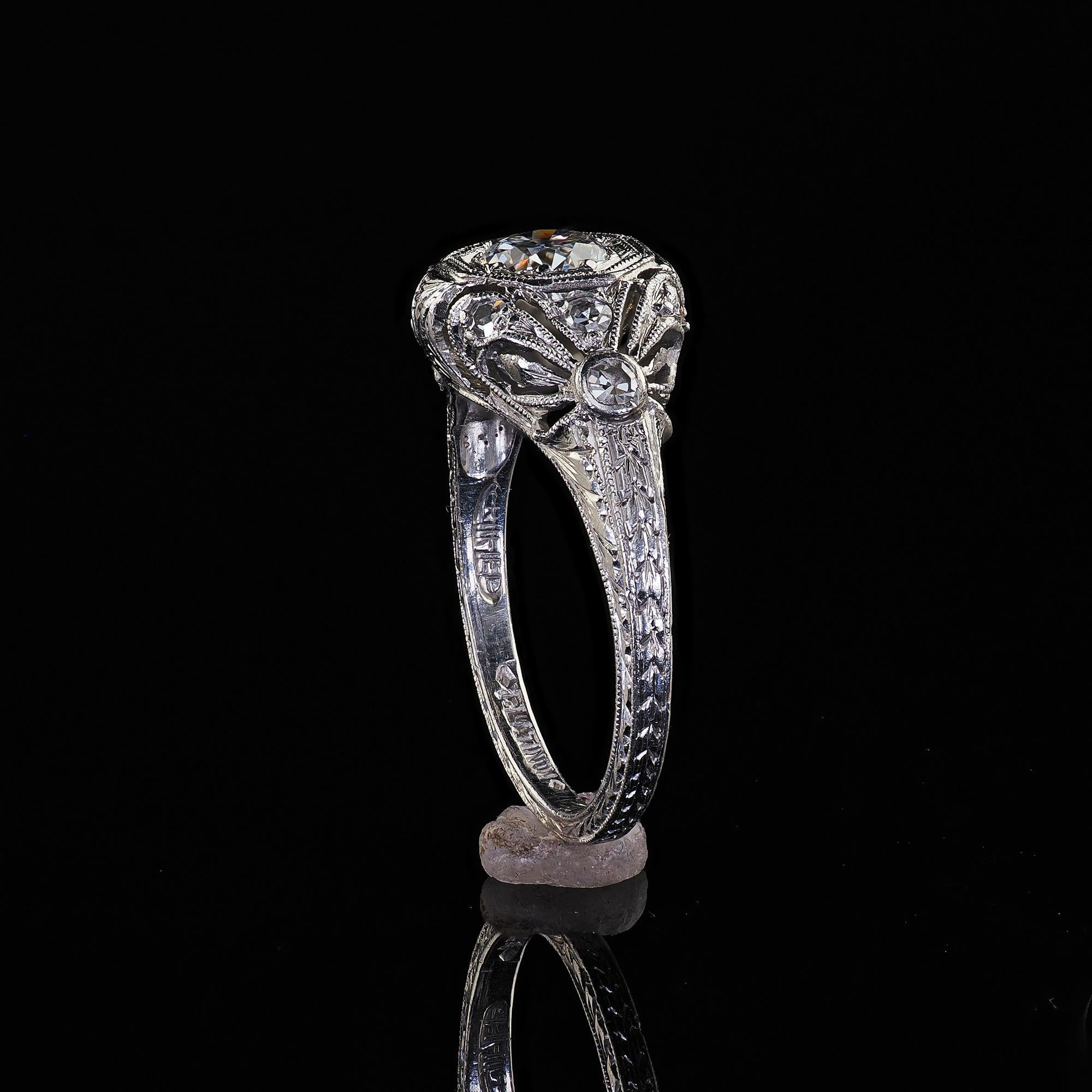 Antique Edwardian Platinum Old European Cut Diamond Filigree Engagement Ring For Sale 5