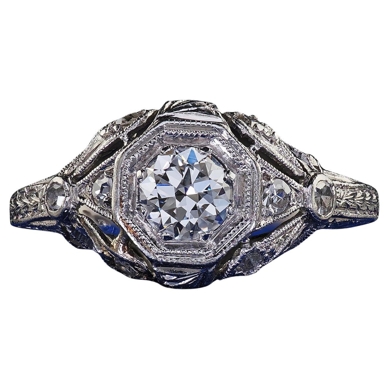 Antique Edwardian Platinum Old European Cut Diamond Filigree Engagement Ring