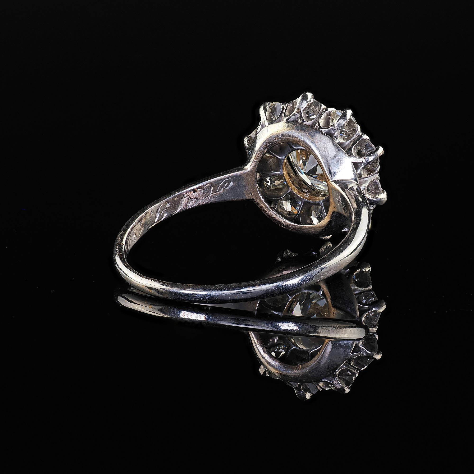 Bague de fiançailles édouardienne ancienne en platine avec halo de diamants taille européenne ancienne - GIA en vente 3