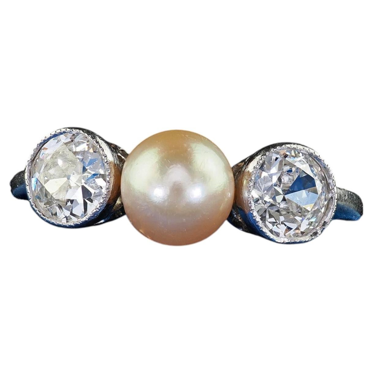 Antique Edwardian Platinum Old European Diamond and Pearl Three Stone Ring