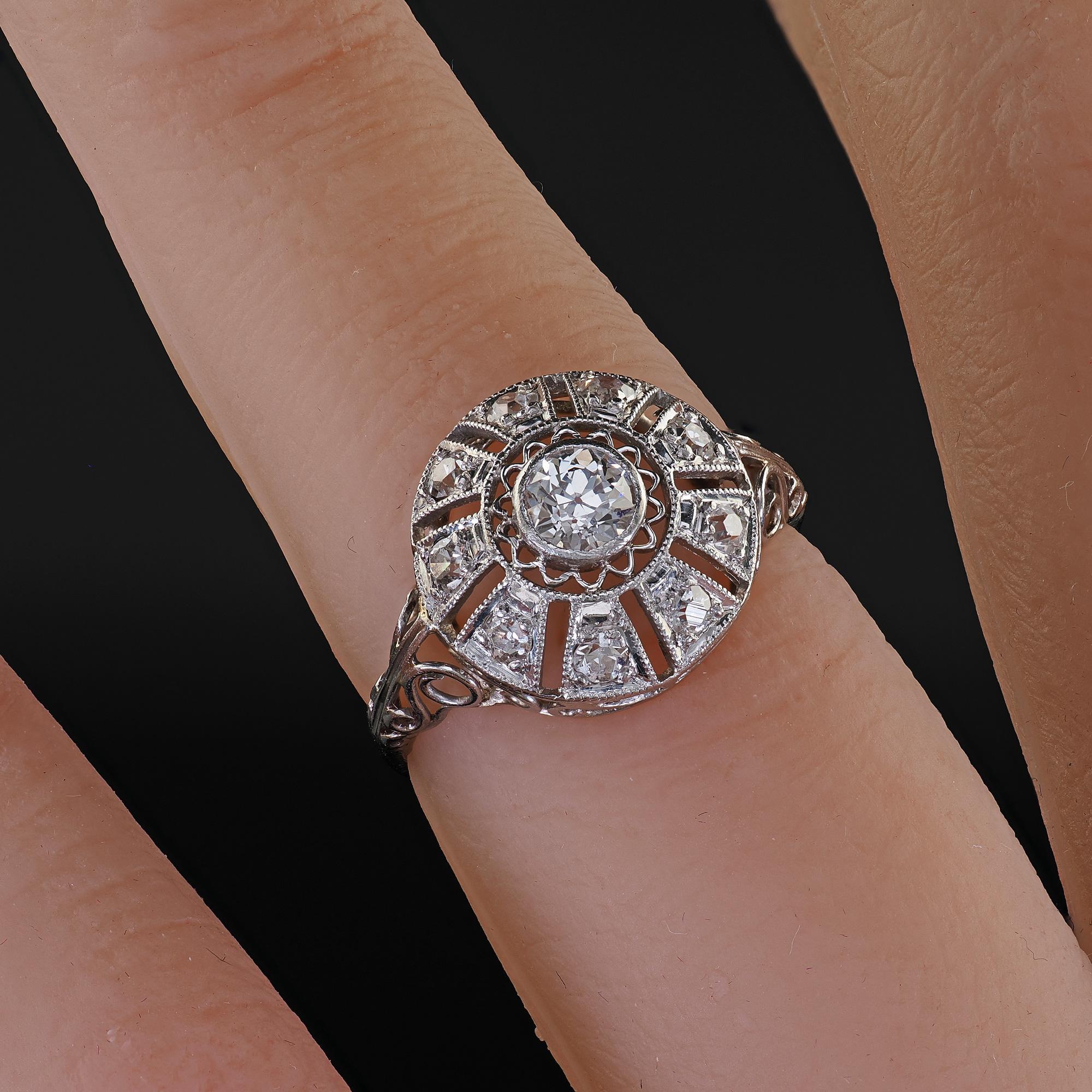 Antique Edwardian Platinum Old European Diamond Filigree Engagement Ring For Sale 5