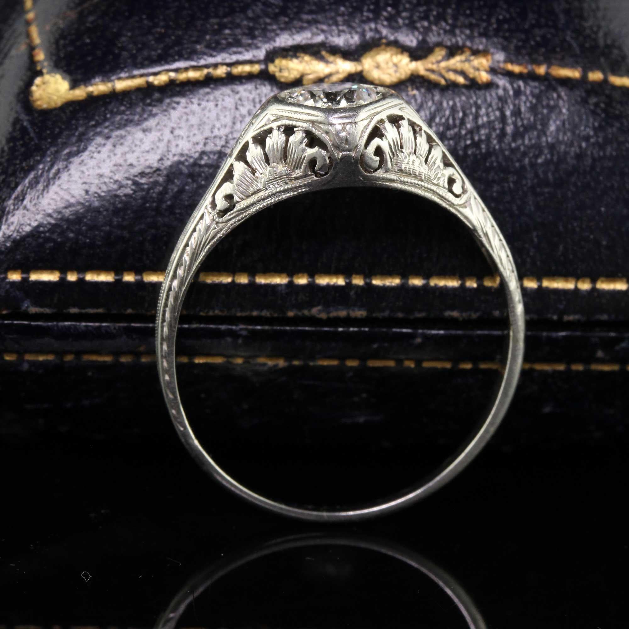 Art Deco Antique Edwardian Platinum Old European Diamond Filigree Engagement Ring For Sale