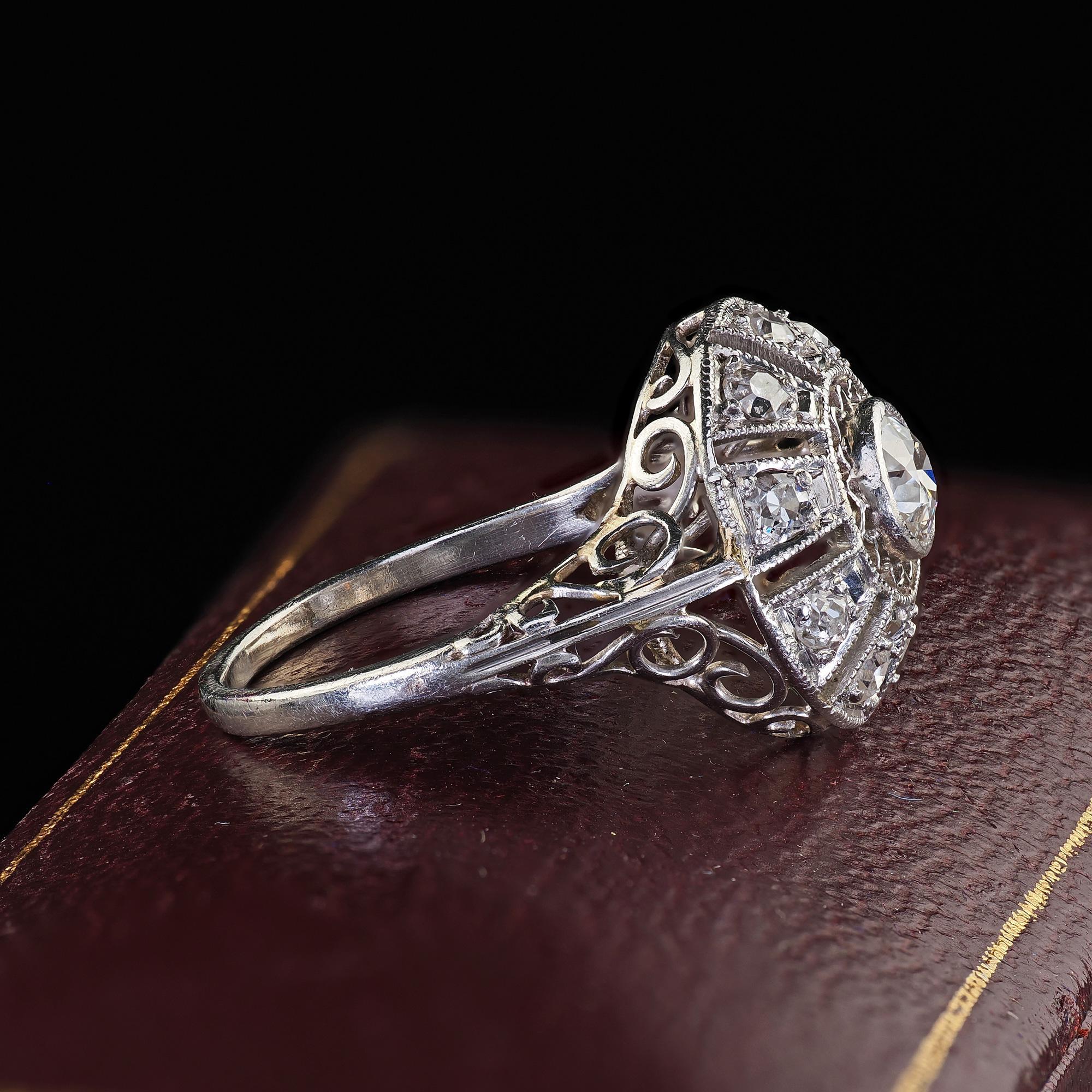 Antique Edwardian Platinum Old European Diamond Filigree Engagement Ring In Good Condition For Sale In Great Neck, NY