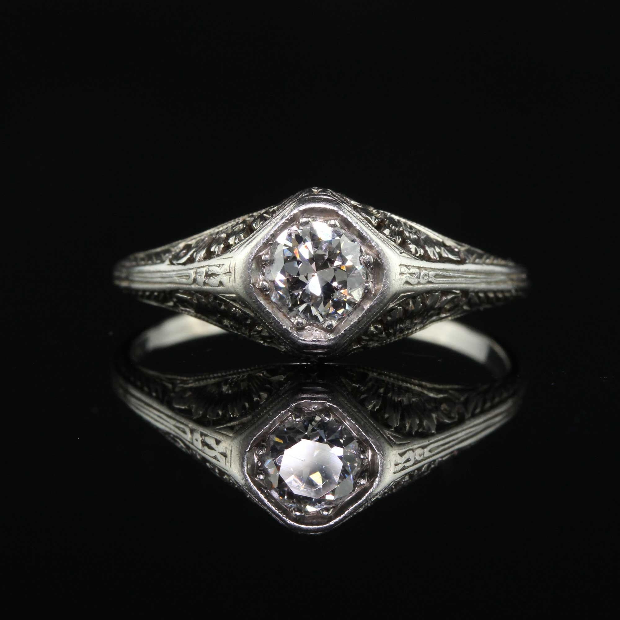 Old European Cut Antique Edwardian Platinum Old European Diamond Filigree Engagement Ring For Sale