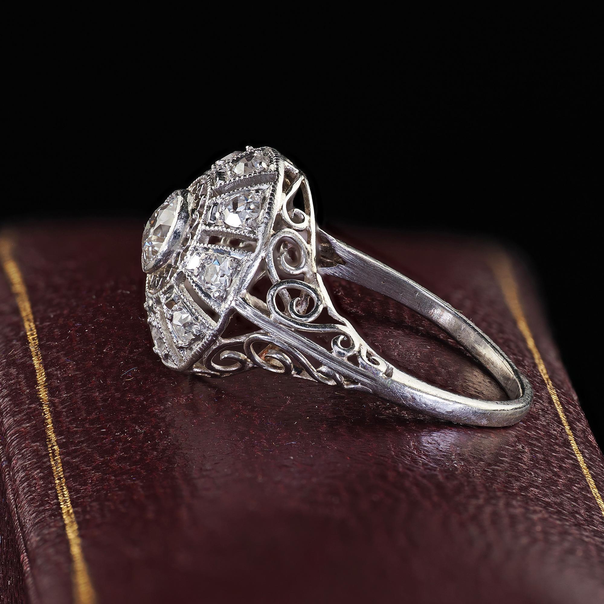 Women's Antique Edwardian Platinum Old European Diamond Filigree Engagement Ring For Sale