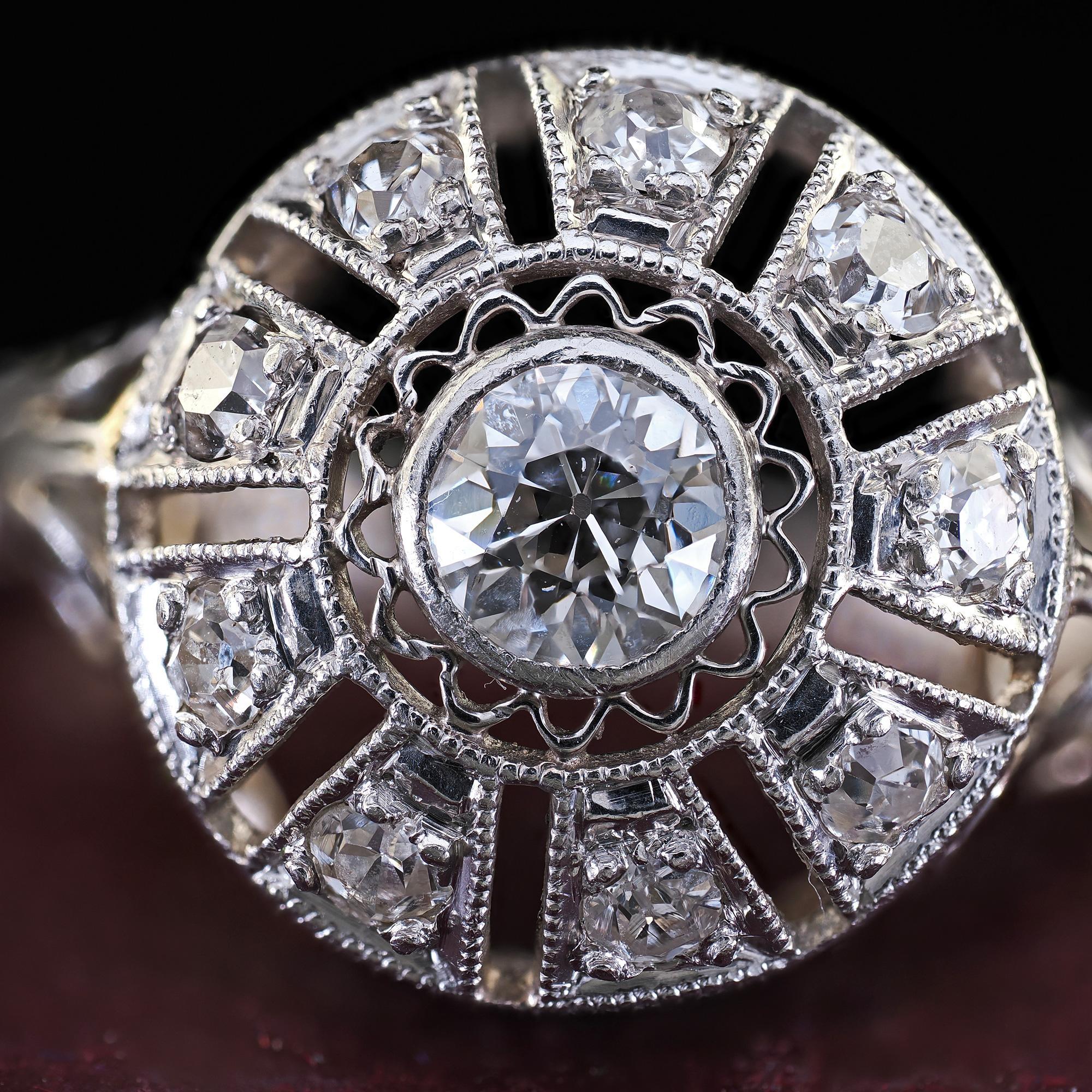 Antique Edwardian Platinum Old European Diamond Filigree Engagement Ring For Sale 1