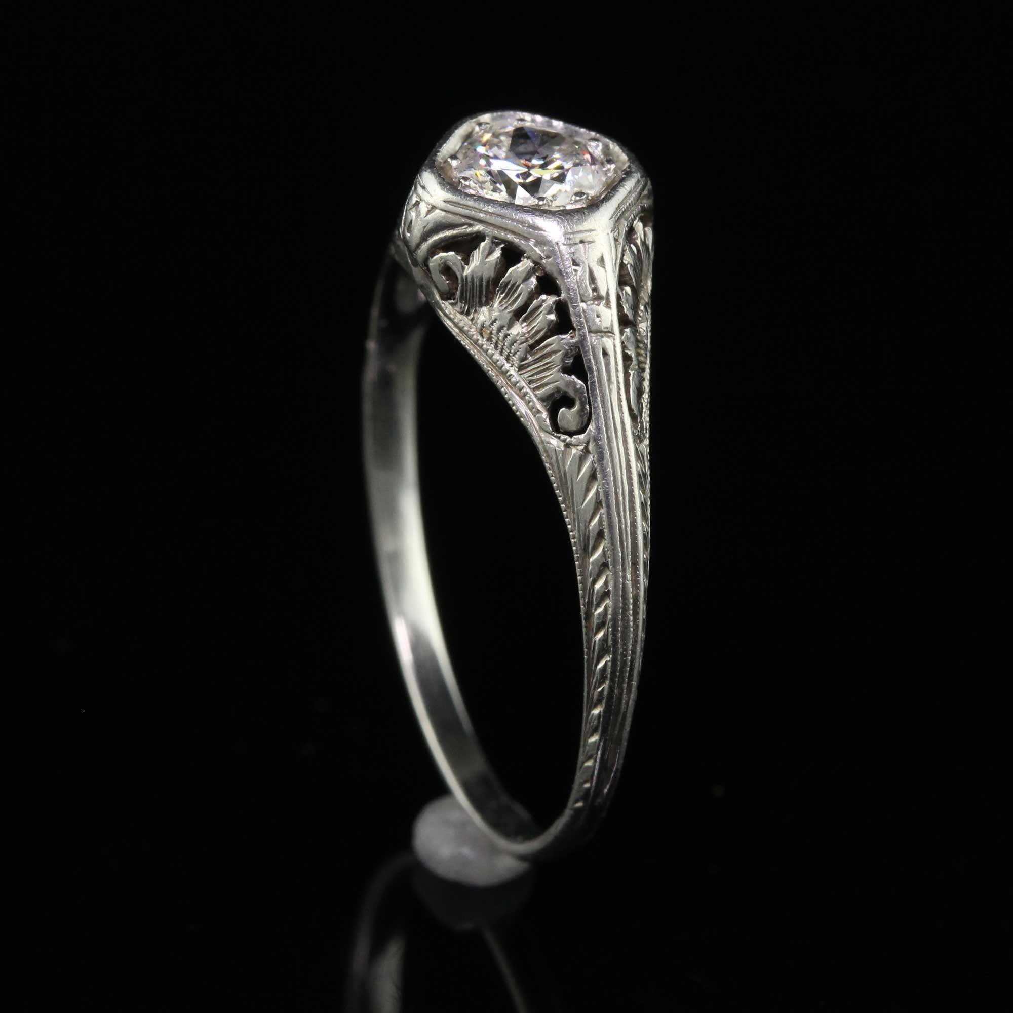 Women's Antique Edwardian Platinum Old European Diamond Filigree Engagement Ring For Sale