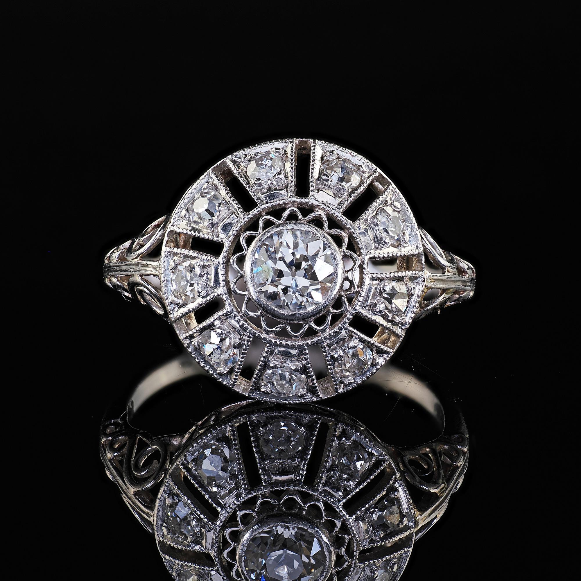 Antique Edwardian Platinum Old European Diamond Filigree Engagement Ring For Sale 2