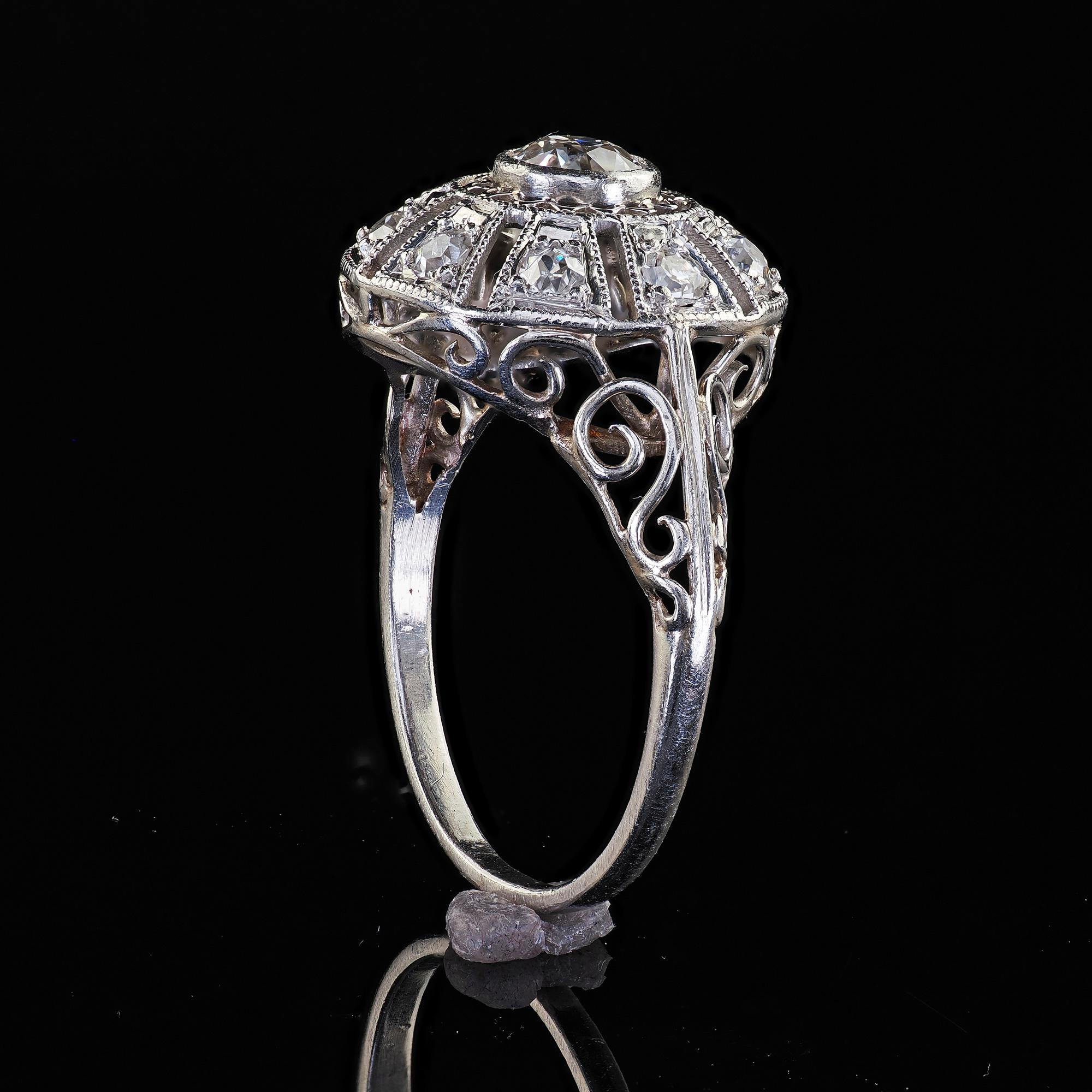 Antique Edwardian Platinum Old European Diamond Filigree Engagement Ring For Sale 4