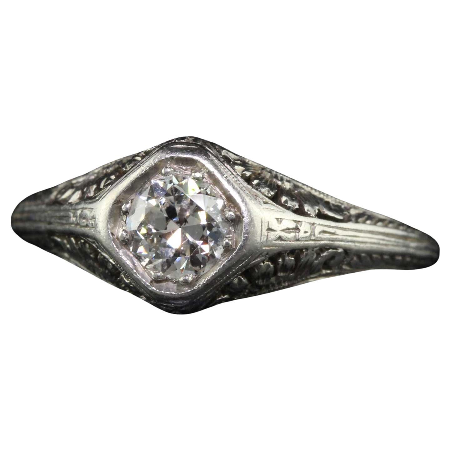 Antique Edwardian Platinum Old European Diamond Filigree Engagement Ring For Sale