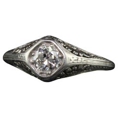 Antique Edwardian Platinum Old European Diamond Filigree Engagement Ring