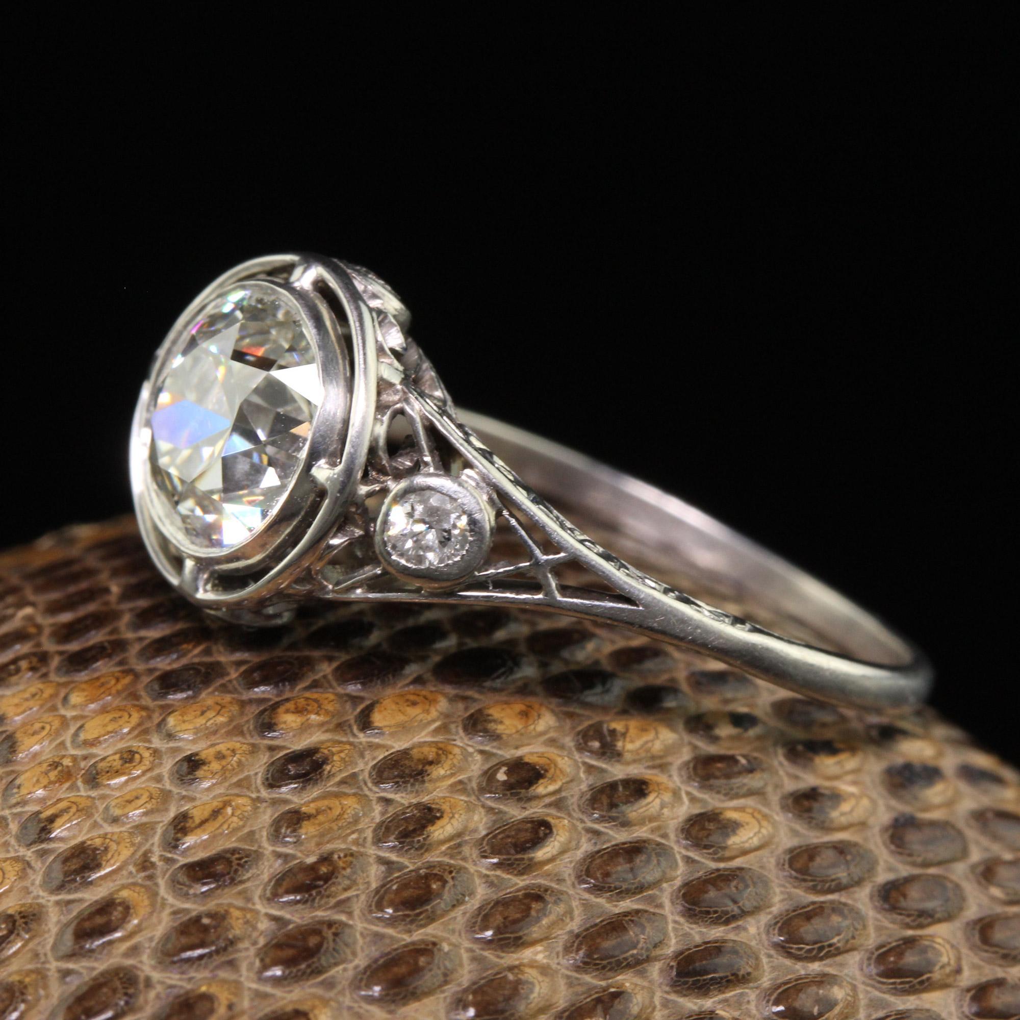 Antique Edwardian Platinum Old European Diamond Filigree Engagement Ring - GIA In Good Condition For Sale In Great Neck, NY