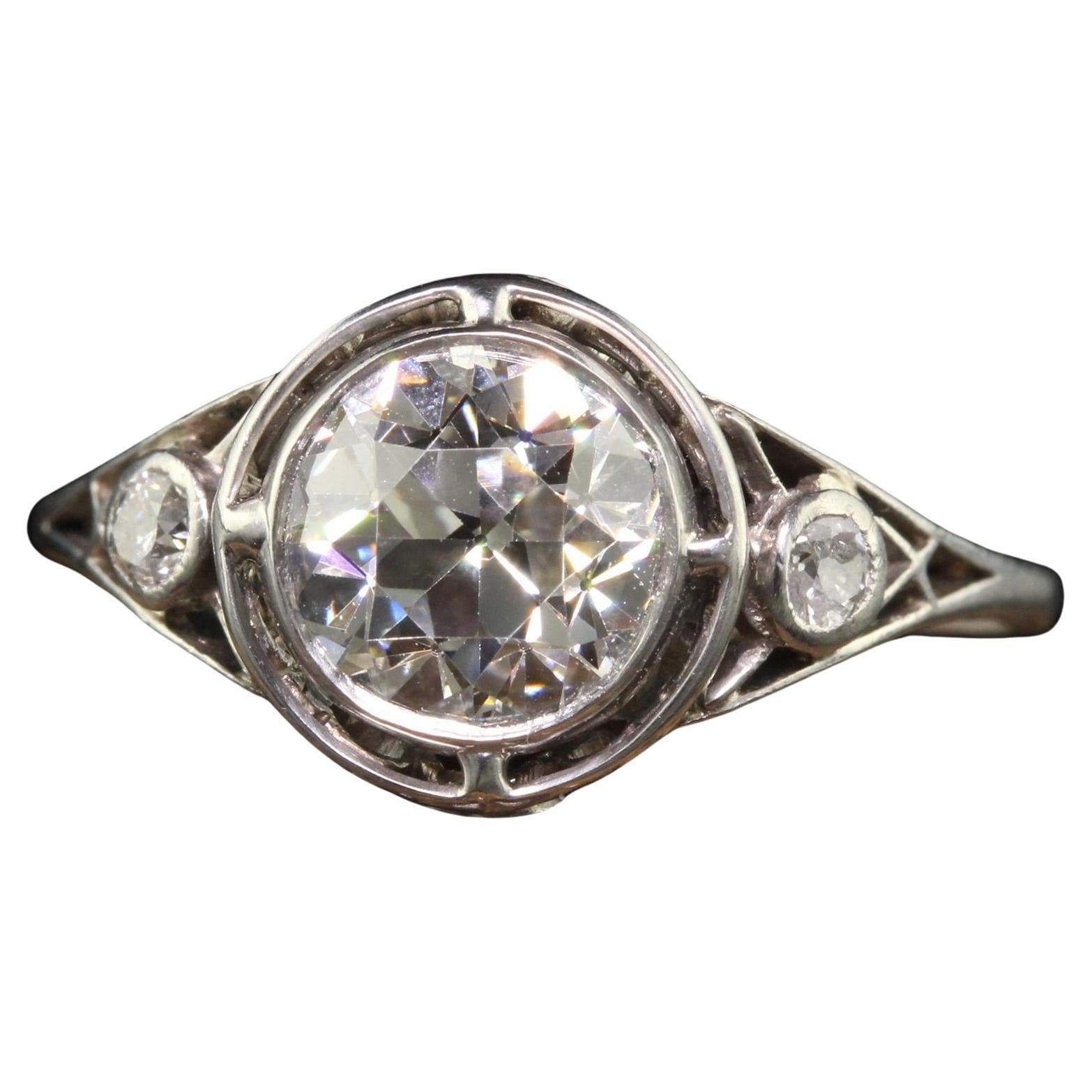 Antique Edwardian Platinum Old European Diamond Filigree Engagement Ring - GIA