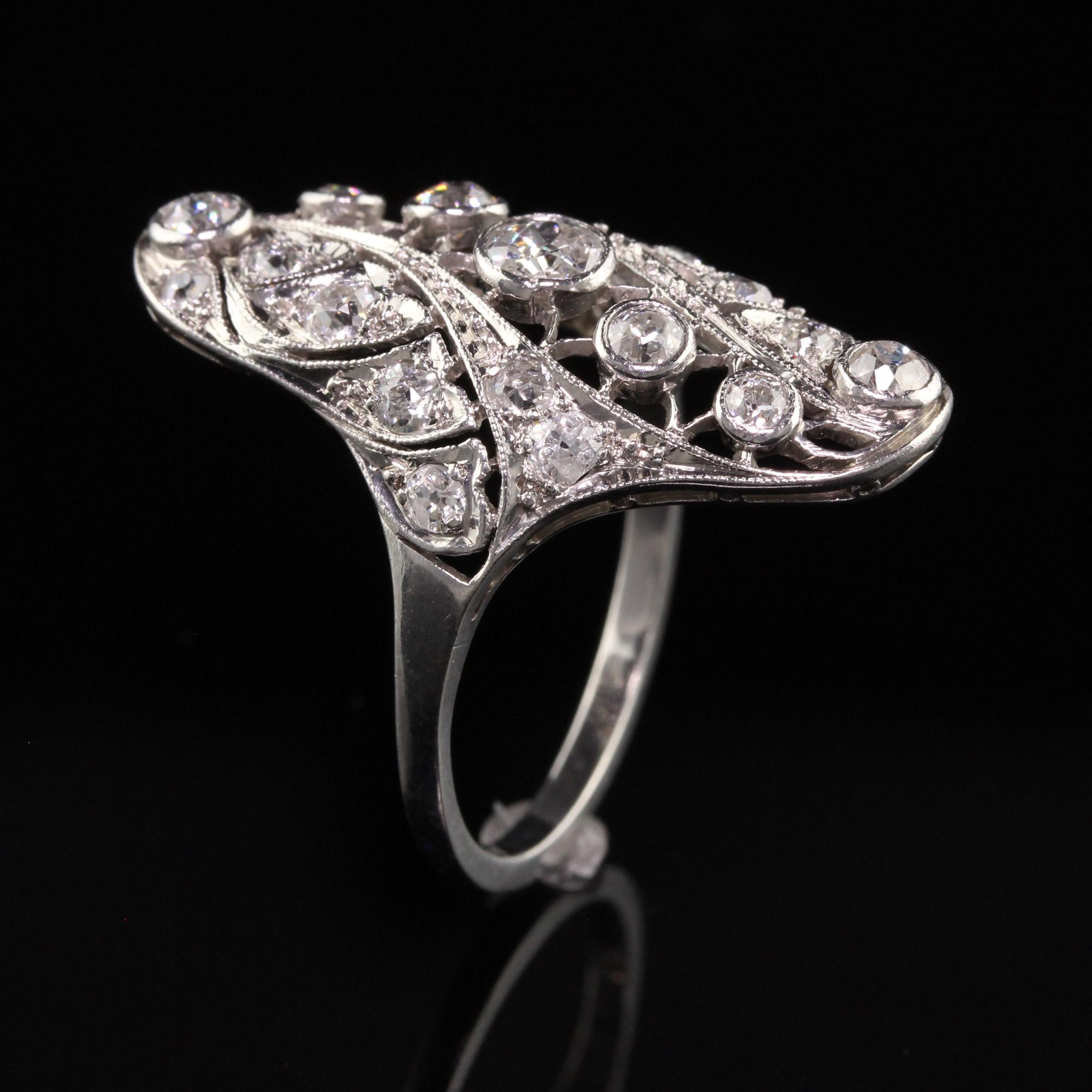 Antique Edwardian Platinum Old European Diamond Filigree Shield Ring In Good Condition In Great Neck, NY