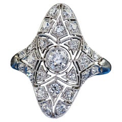 Antique Edwardian Platinum Old European Diamond Filigree Shield Ring