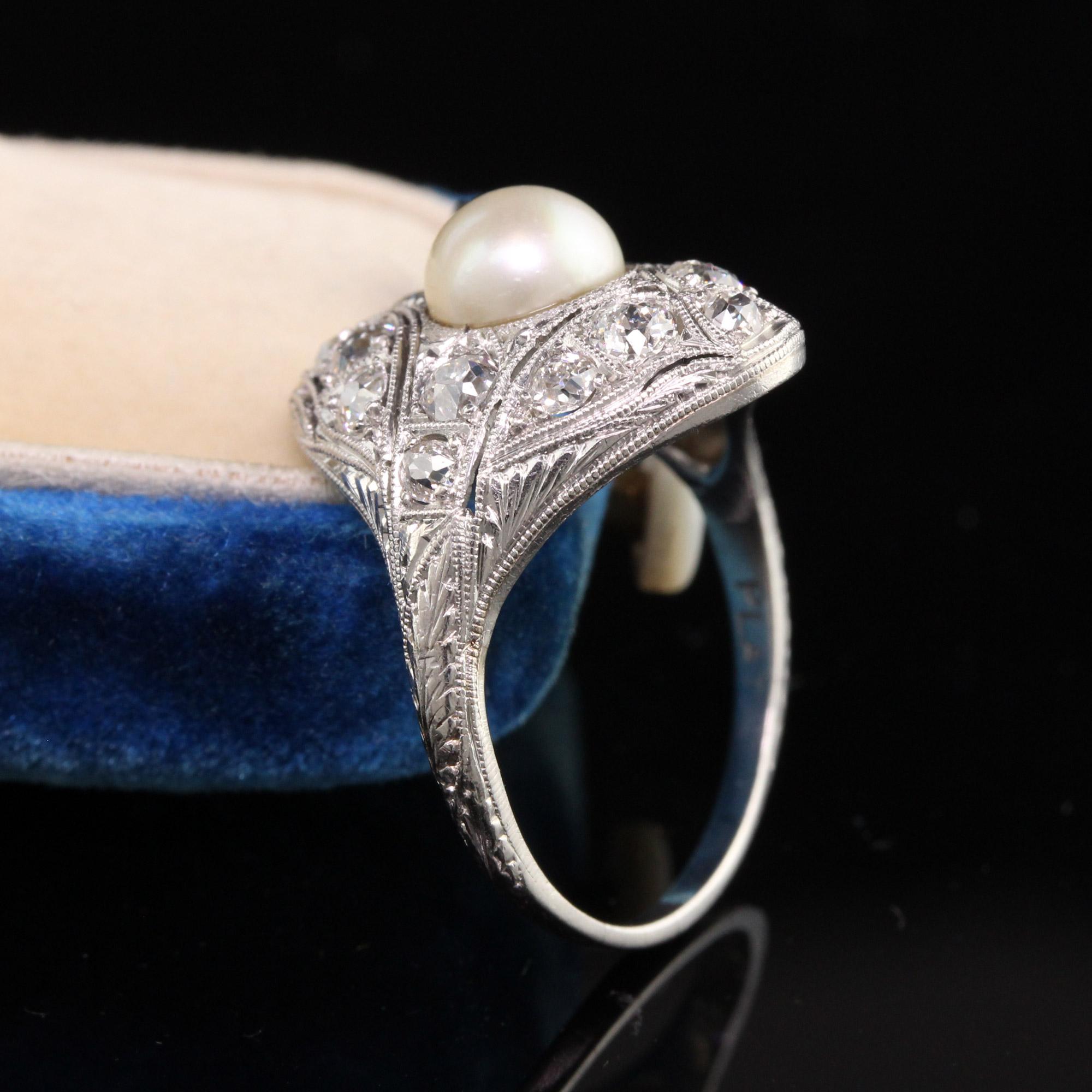 Old European Cut Antique Edwardian Platinum Old European Diamond Pearl Engagement Ring